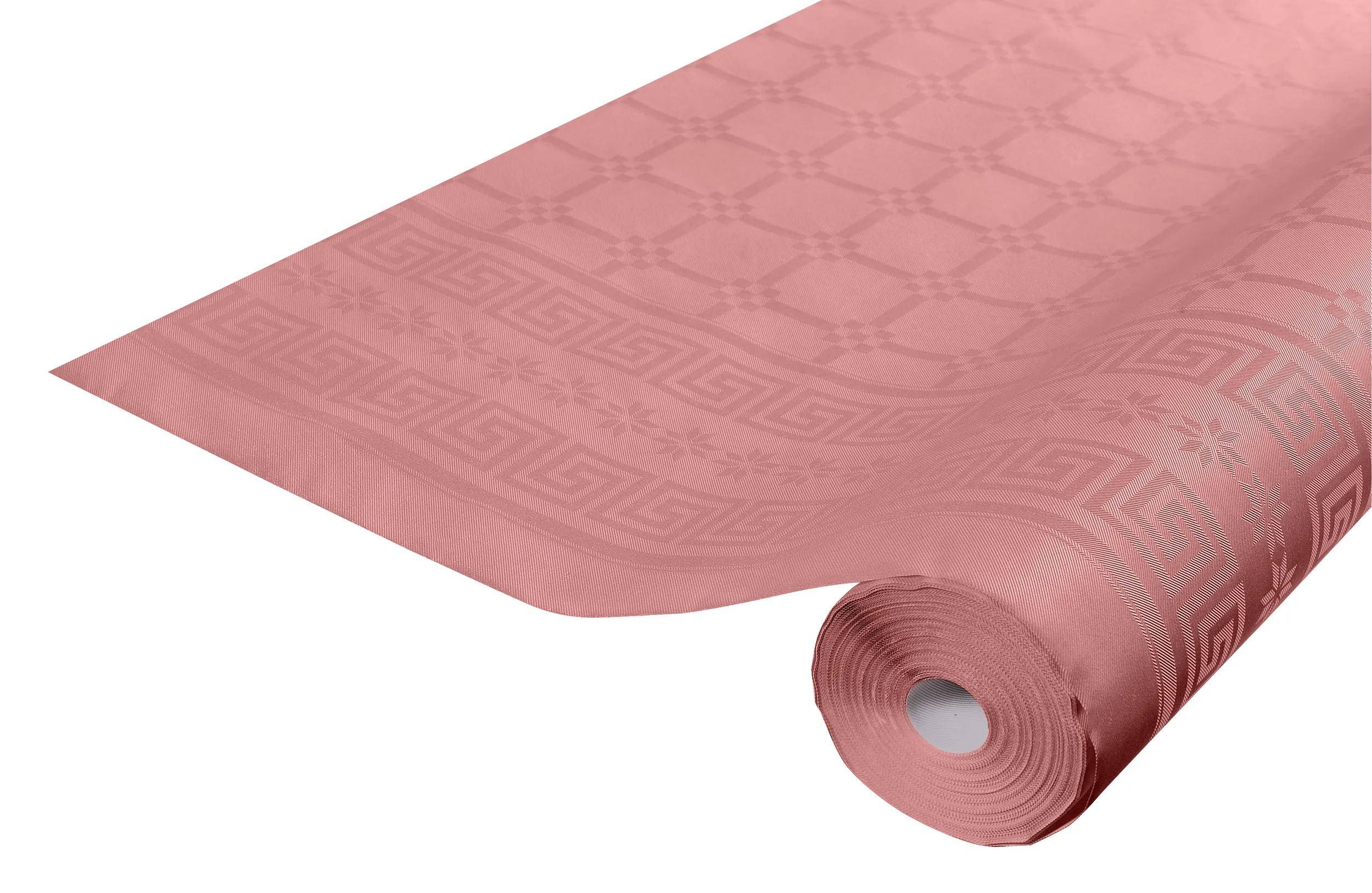 Eine Rolle rosa Tapete mit einem geometrischen griechischen Schlüsselmuster liegt teilweise ausgerollt und zeigt das dekorative Design.
