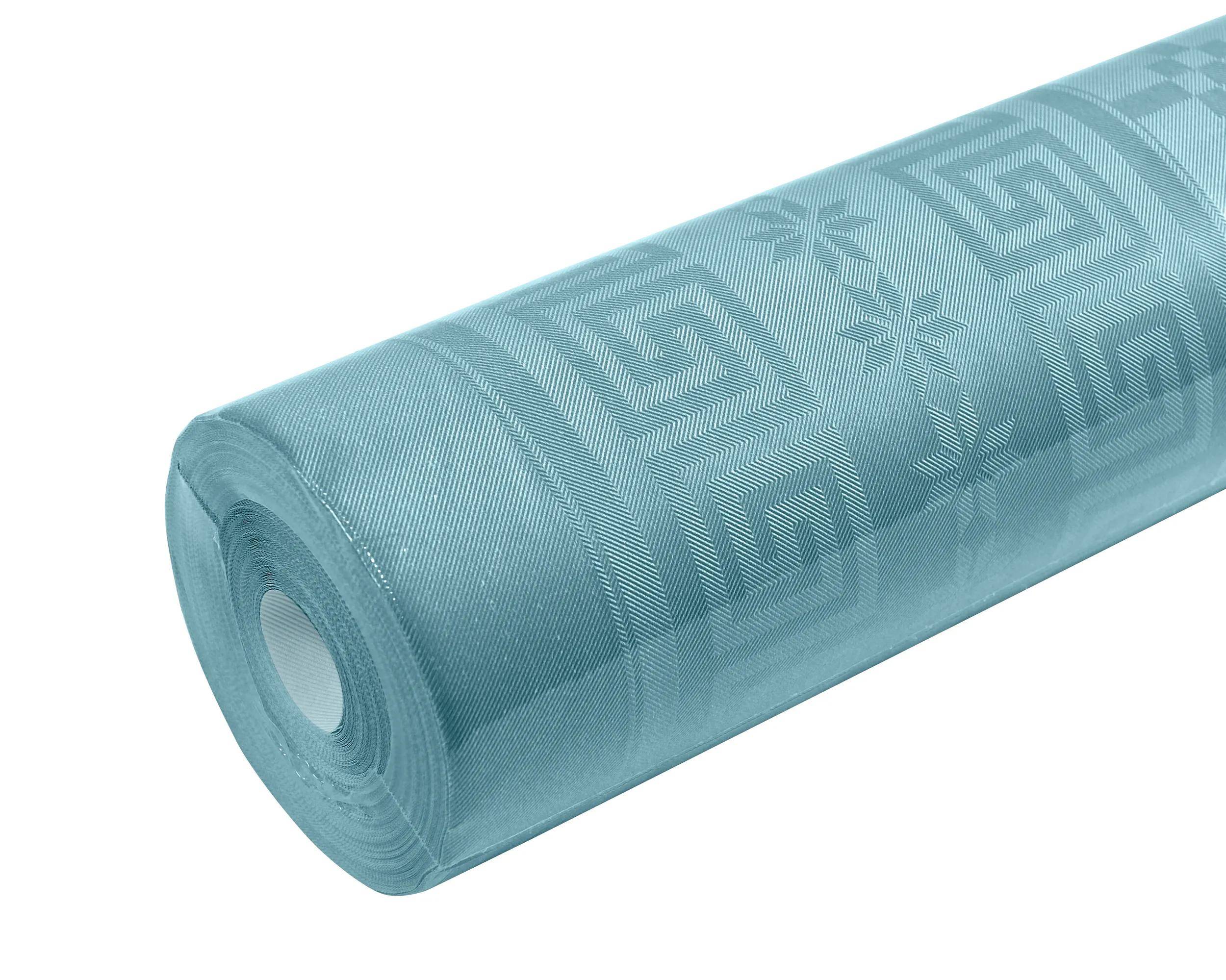 Eine petrolblaue gemusterte Stoffrolle mit geometrischen Designs und Schneeflocken, die für dekorative oder Bastelzwecke konzipiert ist.