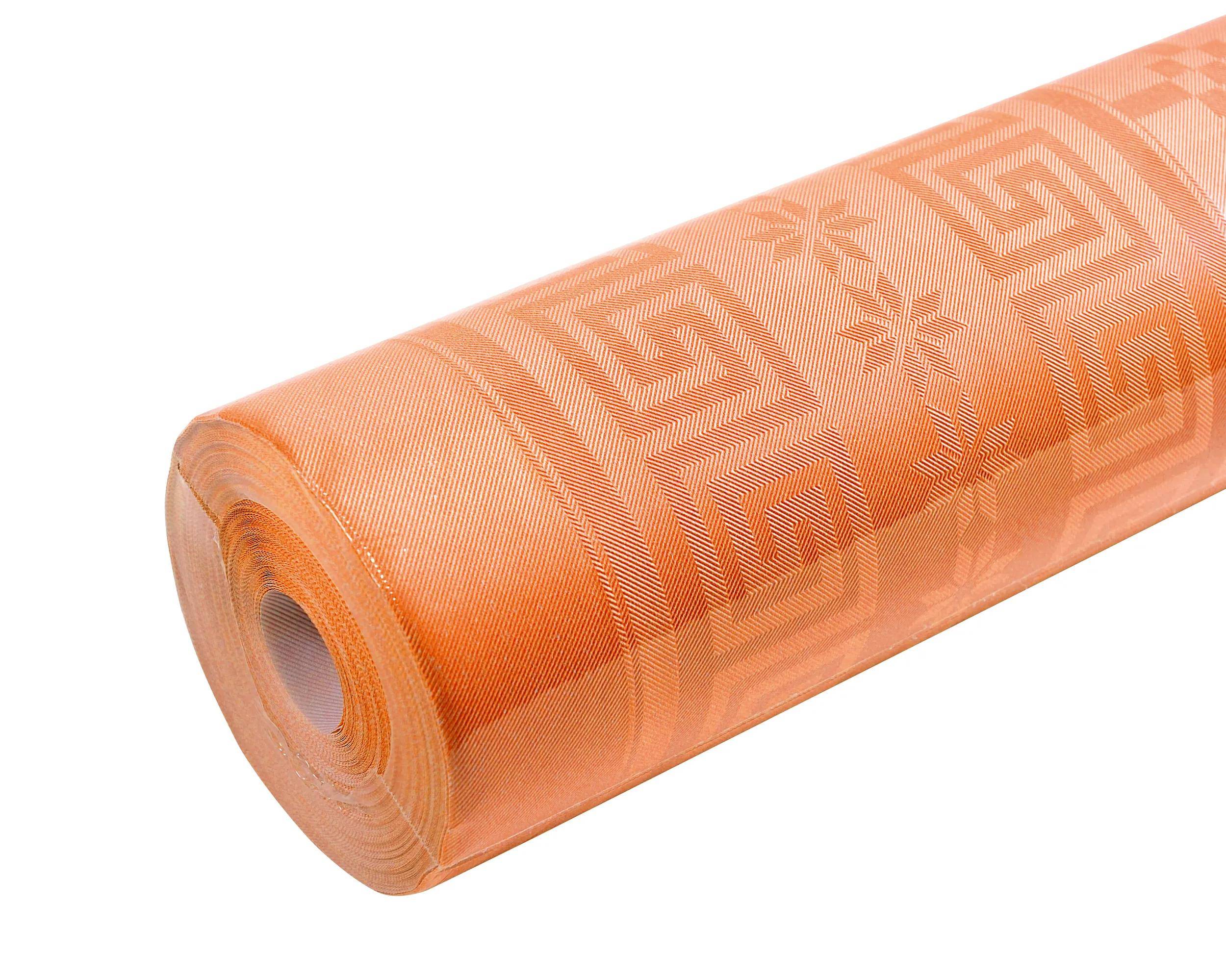 Dekorative Textilrolle in Orange mit geometrischen Mustern und Sternen, hauptsächlich für Handwerk oder Polsterung verwendet.