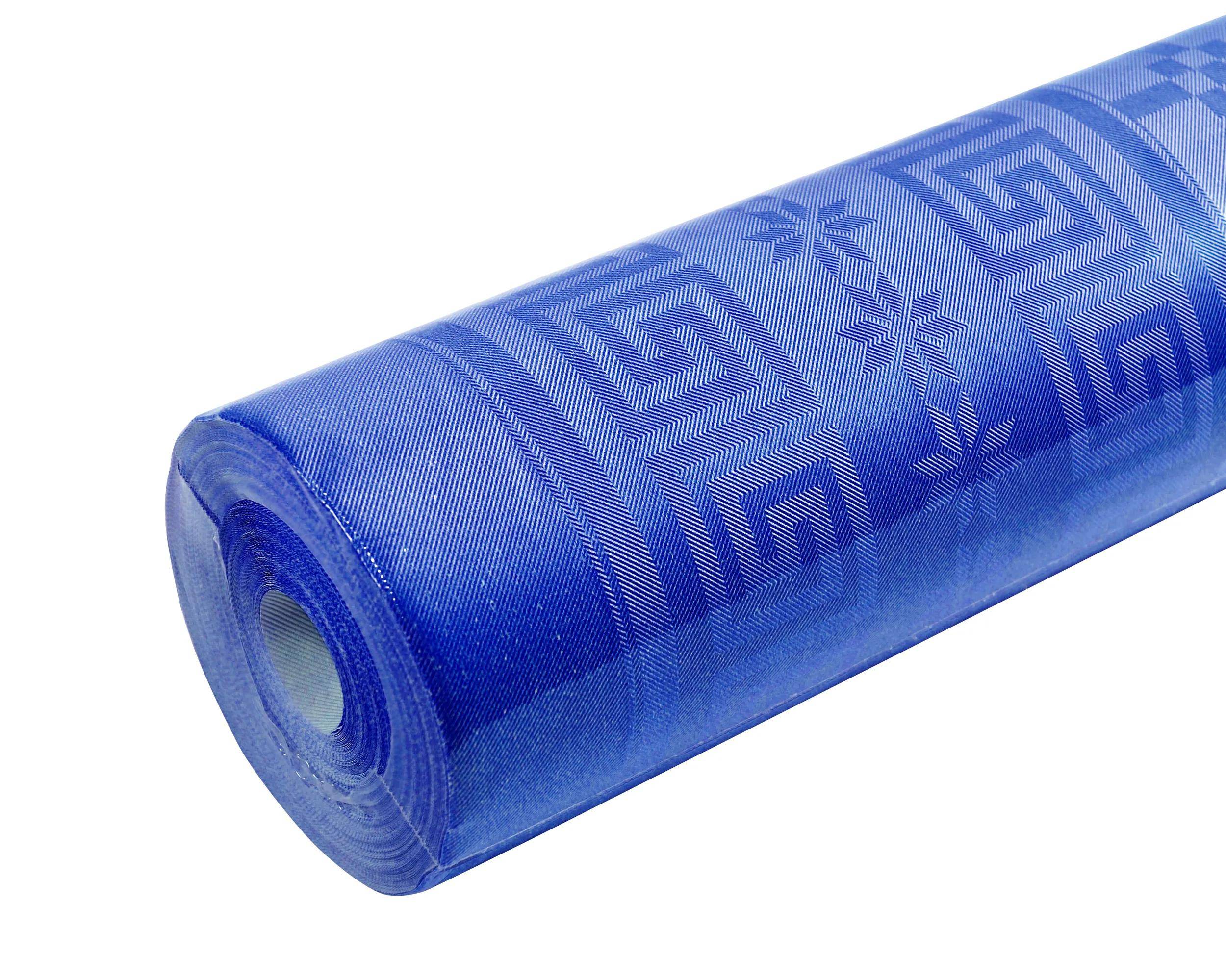 Eine Rolle blauen Dekostoffs mit geometrischen und floralen Mustern, versehen mit weißen Kanten.