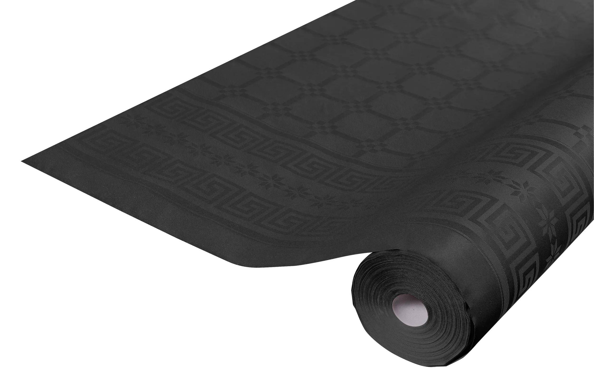 Eine Rolle dunkles, gemustertes Tapetenpapier, die sich entrollt und geometrische sowie florale Designs zeigt, was einen Einsatz für Wohnungseinrichtung oder Innenarchitektur andeutet.