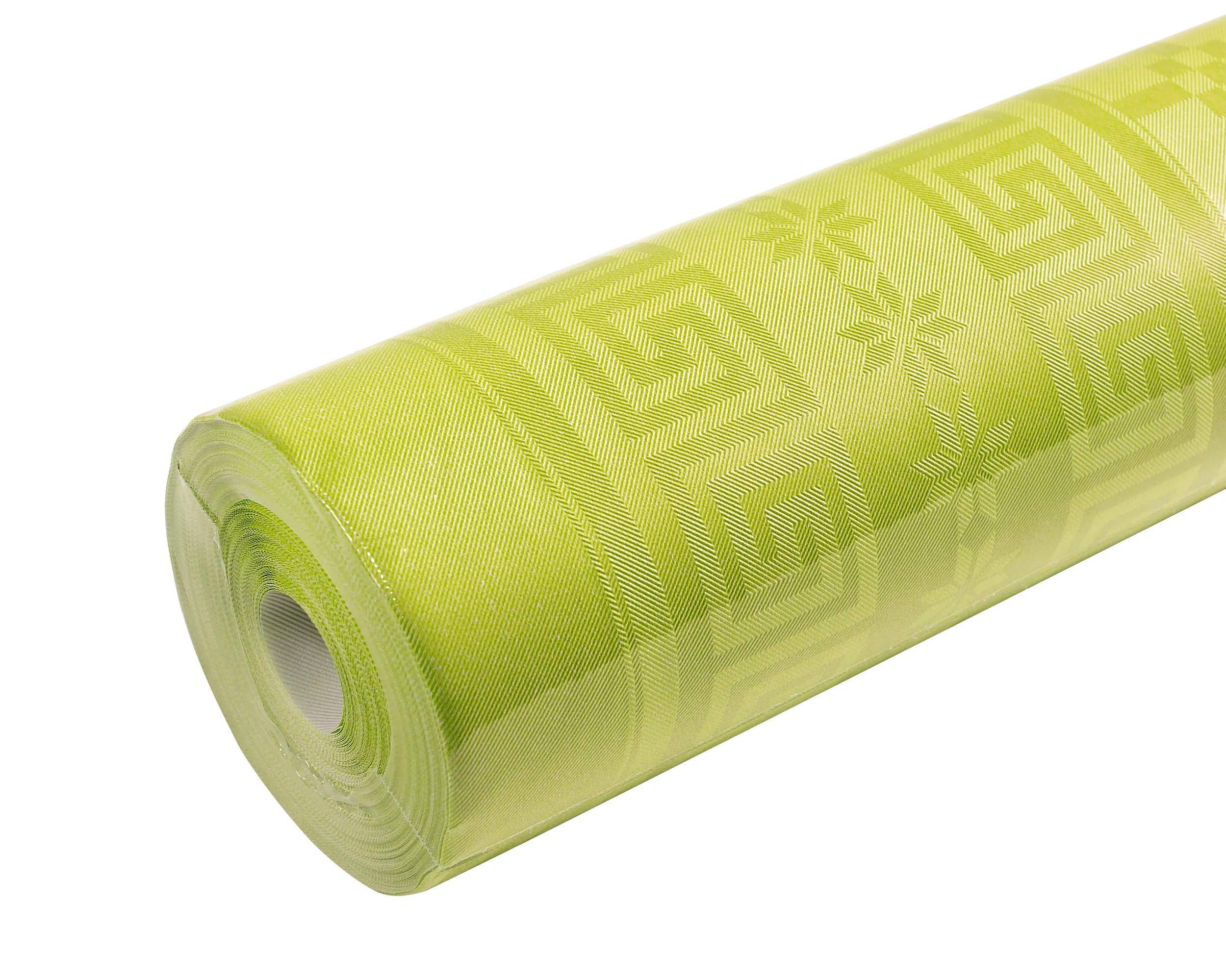 Eine Rolle grünen Zierstoffs mit griechischem Schlüsselmuster und Blumendesign.