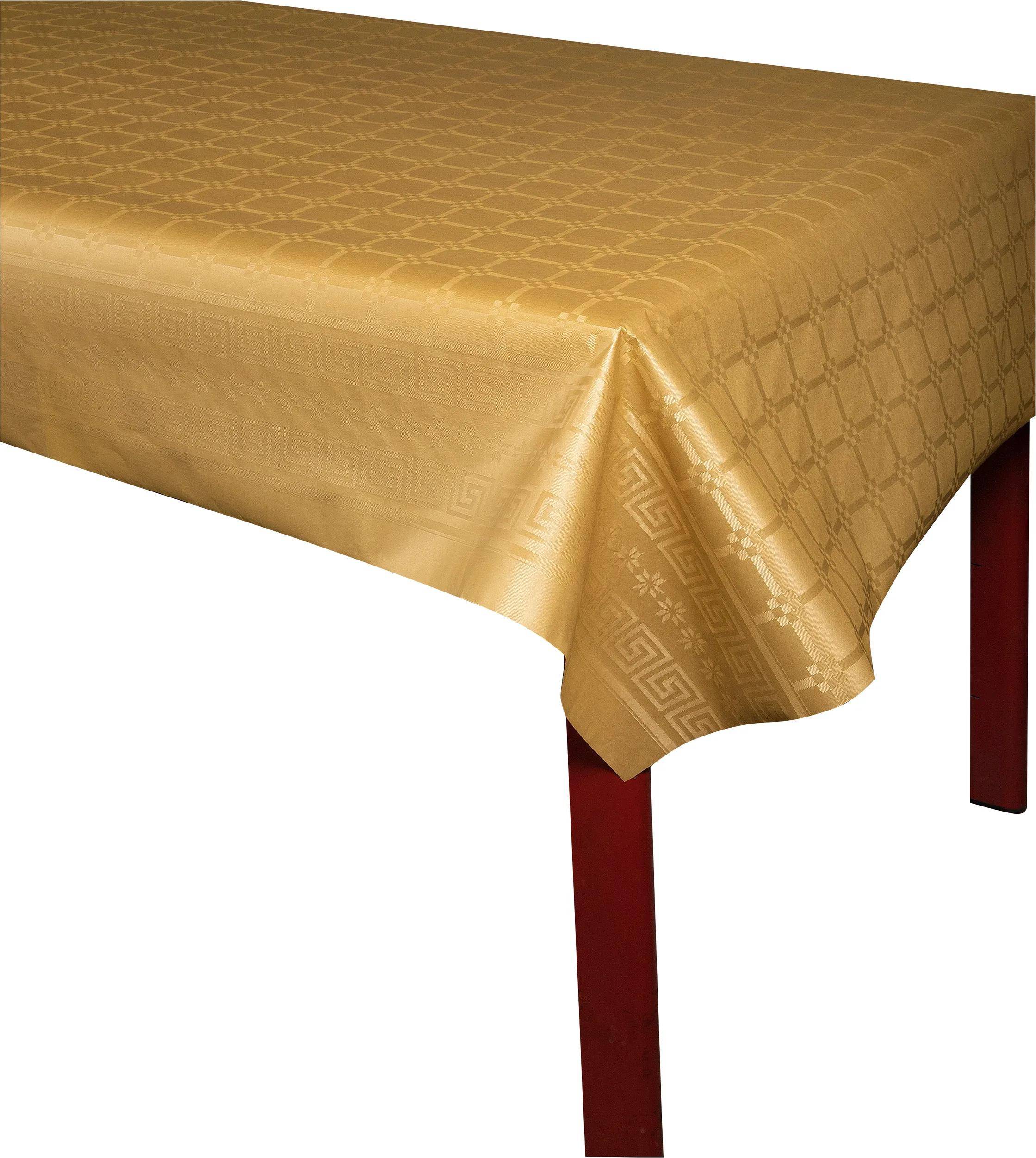 Eine goldene Tischdecke mit geometrischem Muster bedeckt einen Holztisch und verleiht ihm eine elegante und dekorative Erscheinung.
