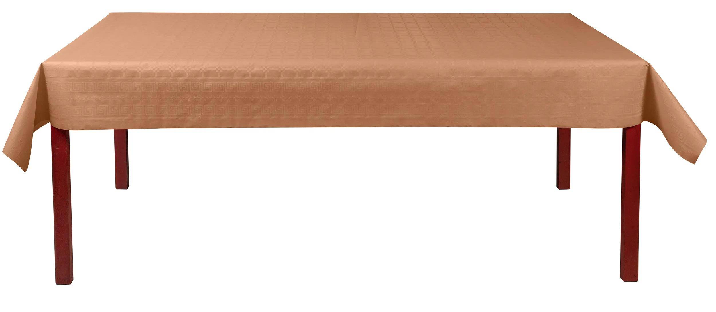 Ein strukturierter, rechteckiger Tisch mit einer hellbraunen Tischdecke, die ein subtiles geometrisches Muster auf seiner Oberfläche aufweist.