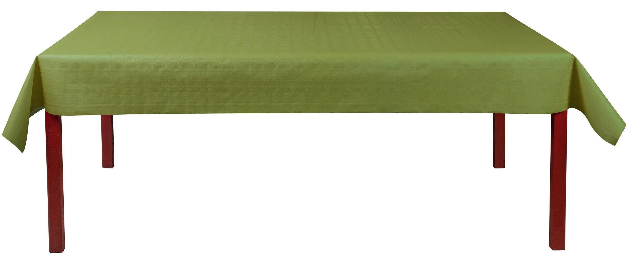 Eine gut gebügelte grüne Tischdecke mit einem dezenten geometrischen Muster bedeckt einen Tisch.