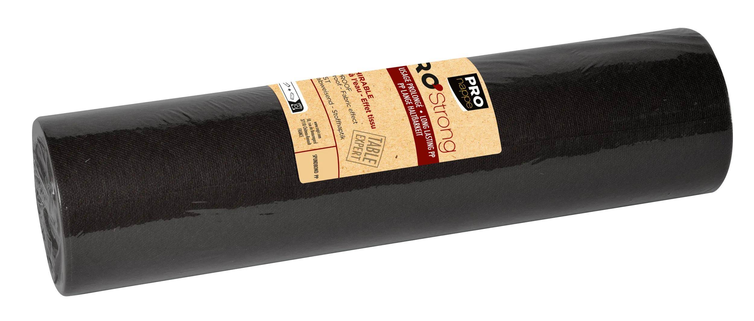 Eine schwarze Propapierbahn mit einem beigen Etikett mit der Aufschrift „prostrong