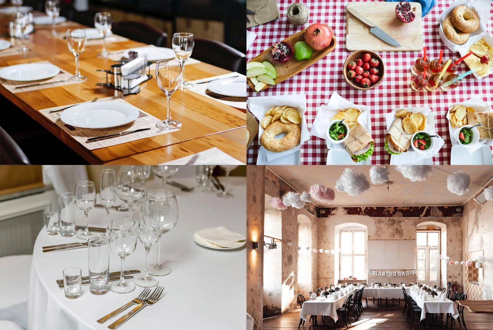 Eine Auswahl von Essplatzeinrichtungen: rustikale Tischeinrichtung mit Obst und Sandwiches auf kariertem Tuch; elegante Tische mit weißen Tüchern und Glaswaren; intimer Veranstaltungsort mit hängenden Dekorationen.