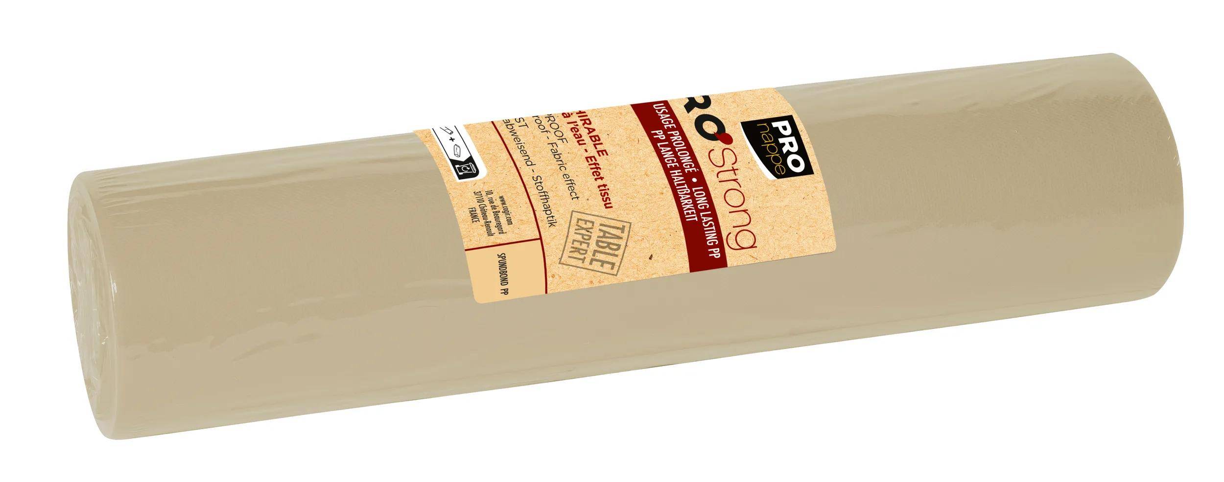 Eine Rolle braune Tischdecke mit der Bezeichnung Pro Strong, langlebiges PP, mit Stoffeffekt, misst 120 cm x 50 cm, von Pro Expert.