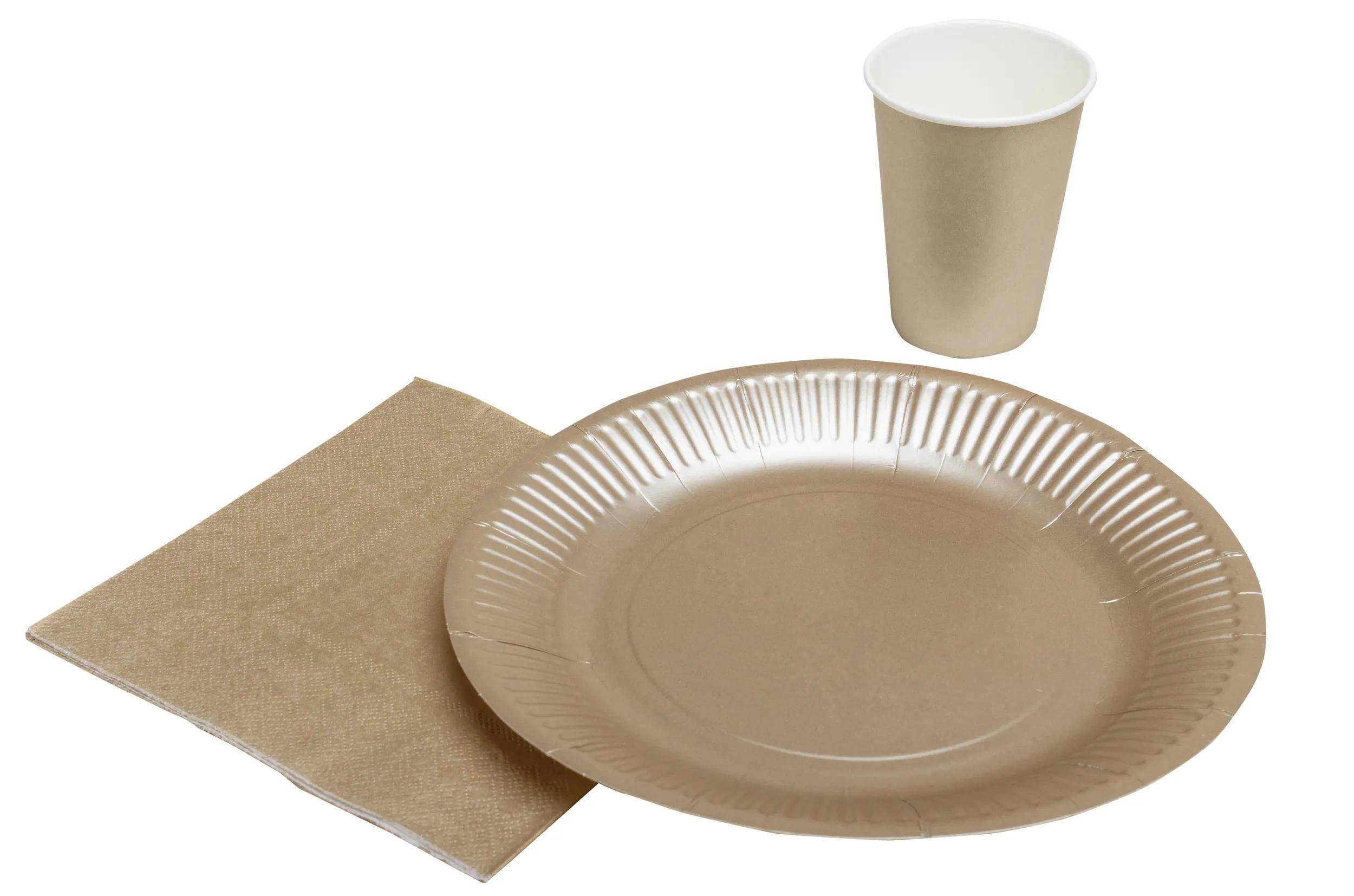 Ein brauner Einwegteller aus Papier, eine passende Tasse und eine Serviette auf weißem Hintergrund.