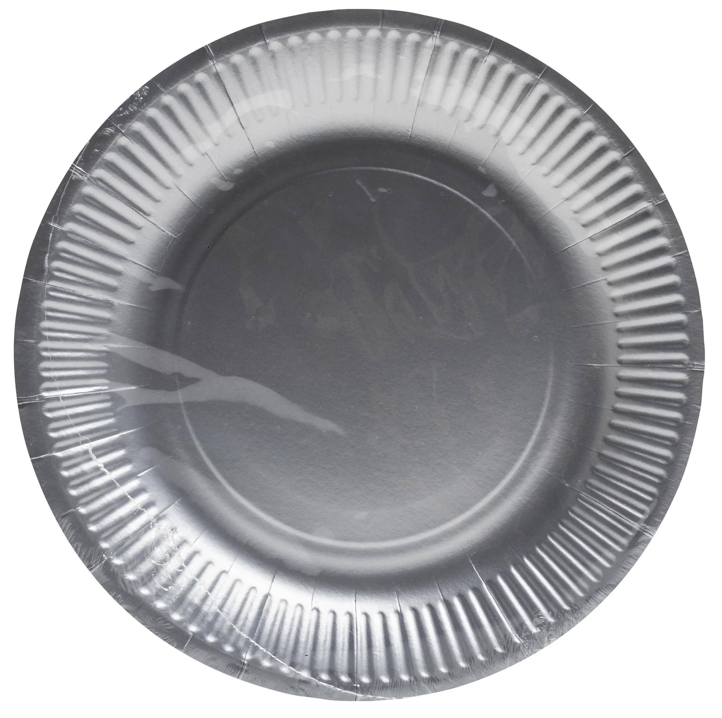Ein einfacher, runder, silberner Papierteller von oben betrachtet, der seinen gerippten Rand und die glatte Oberfläche zeigt.