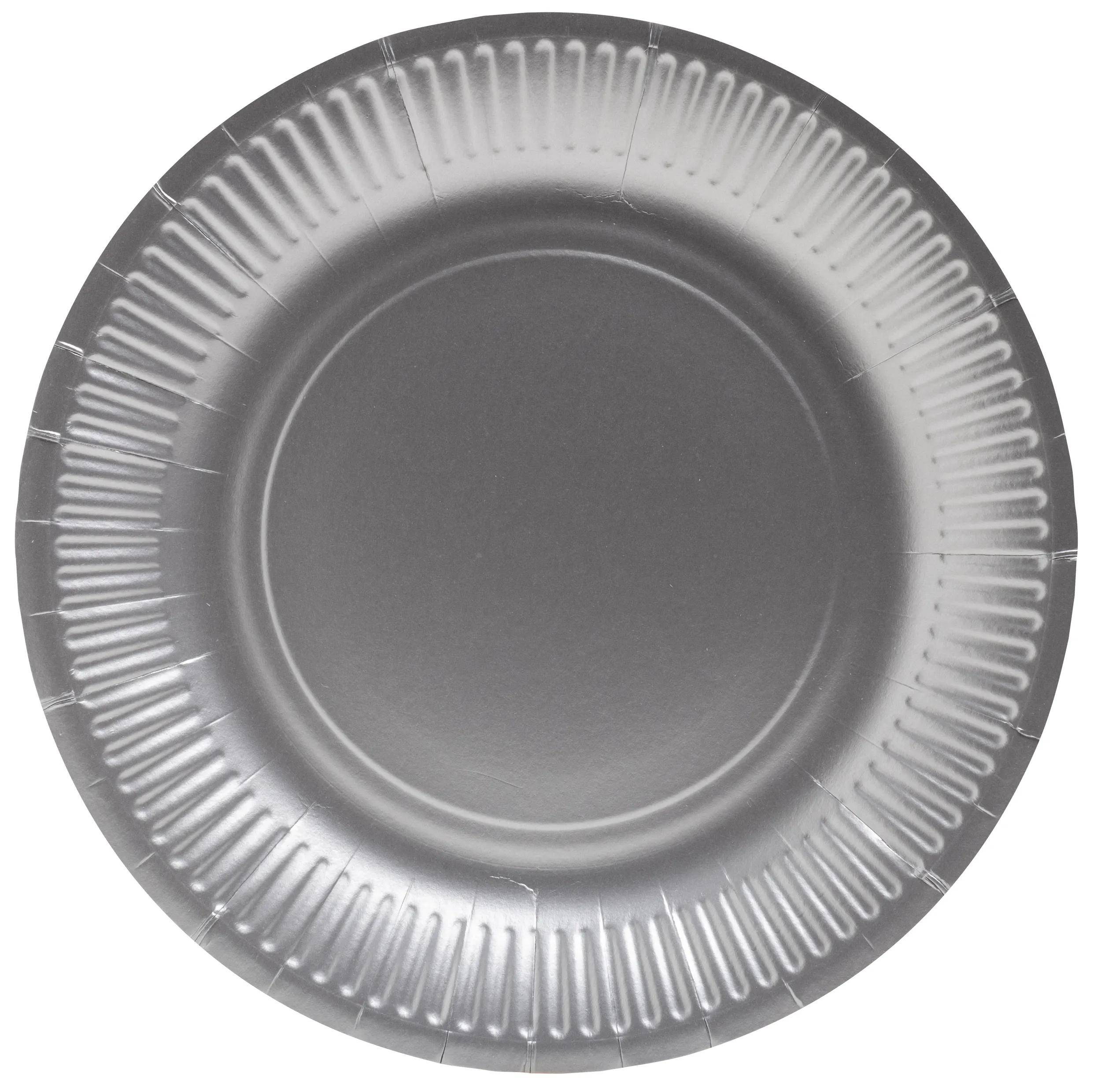 Ein rundes, graues Einwegpapiertellerchen mit geripptem Rand, von oben betrachtet.