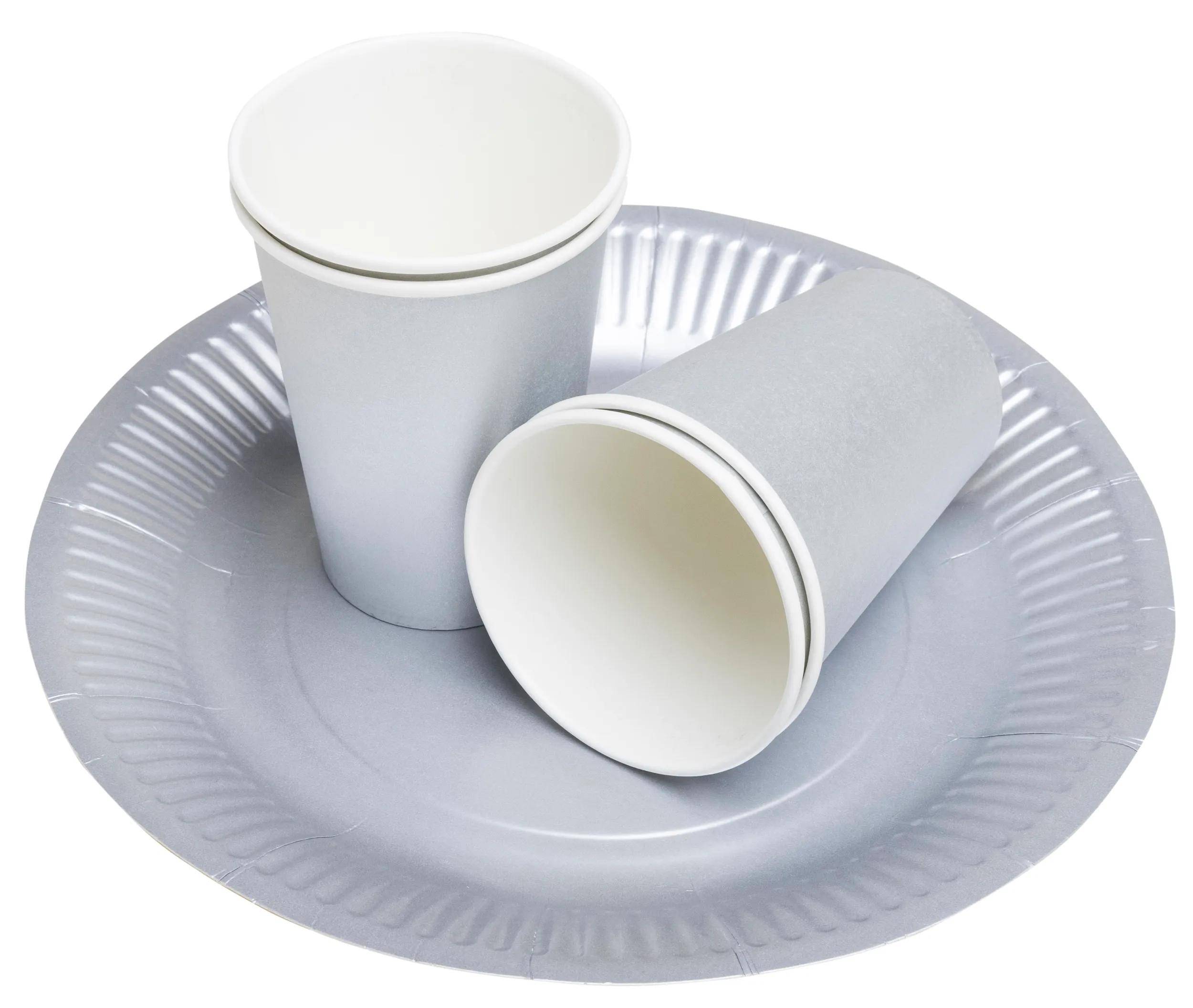 Zwei weiße Papiertassen und ein grauer Papierteller auf weißem Hintergrund angeordnet. Eine Tasse steht aufrecht; die andere liegt geneigt auf dem Teller.