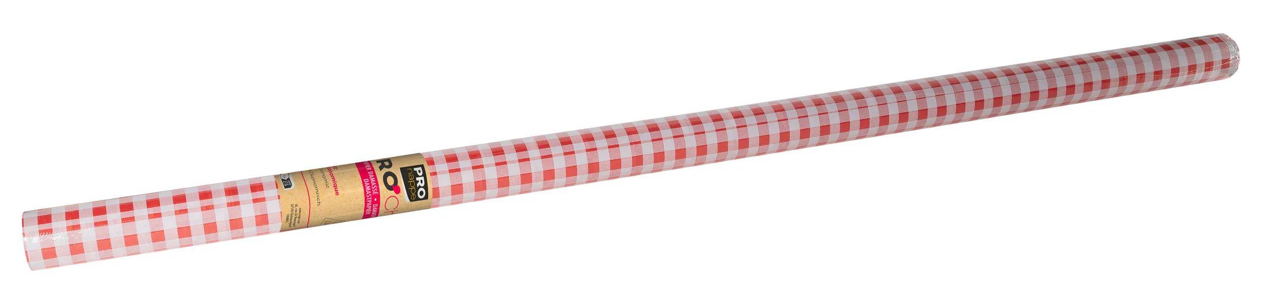 Eine Rolle rotes und weißes Stoff mit einem Gingham-Muster kariert.