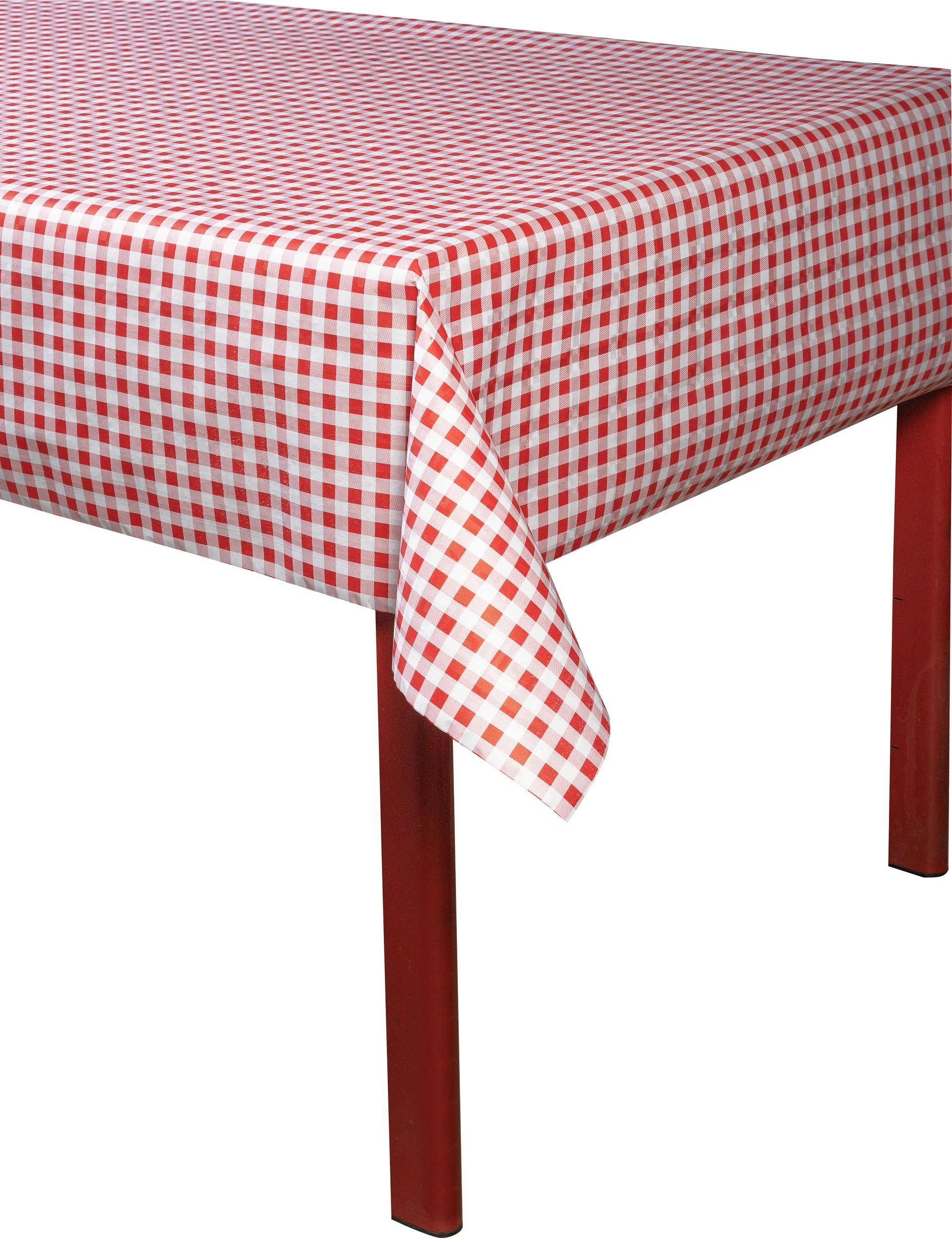 Ein Tisch, der mit einem rot-weiß karierten Tuch bedeckt ist.