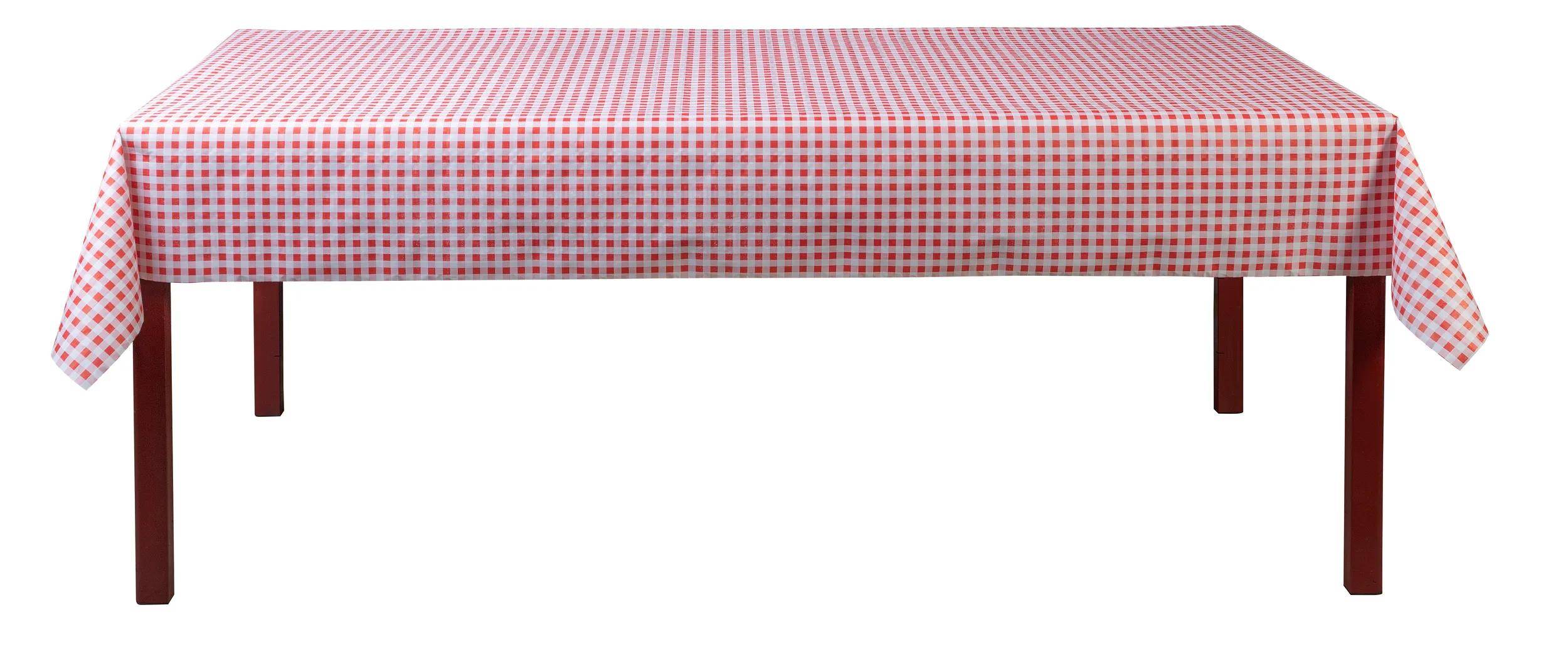 Ein Tisch mit einer rot-weiß karierten Tischdecke.