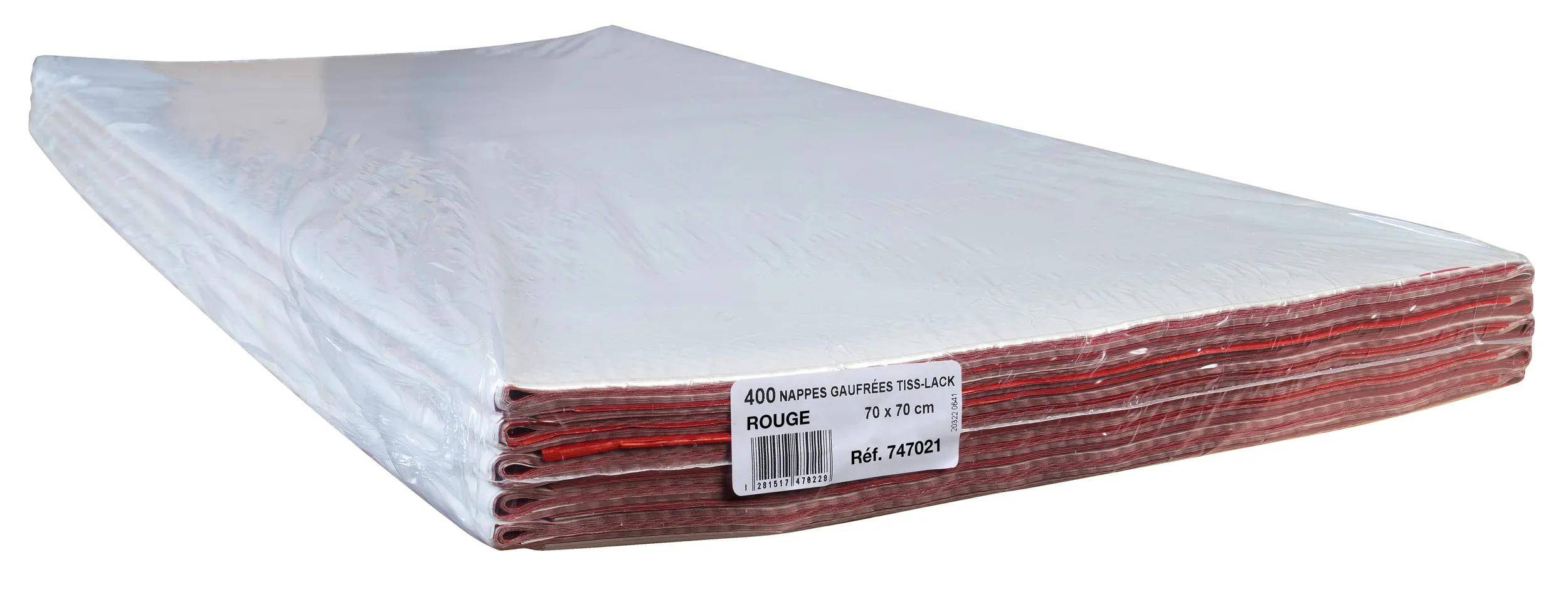 Ein Stapel roter Servietten mit einer Verpackungsetikette mit der Aufschrift „400 Nappes Gaufrées Tiss-Lack