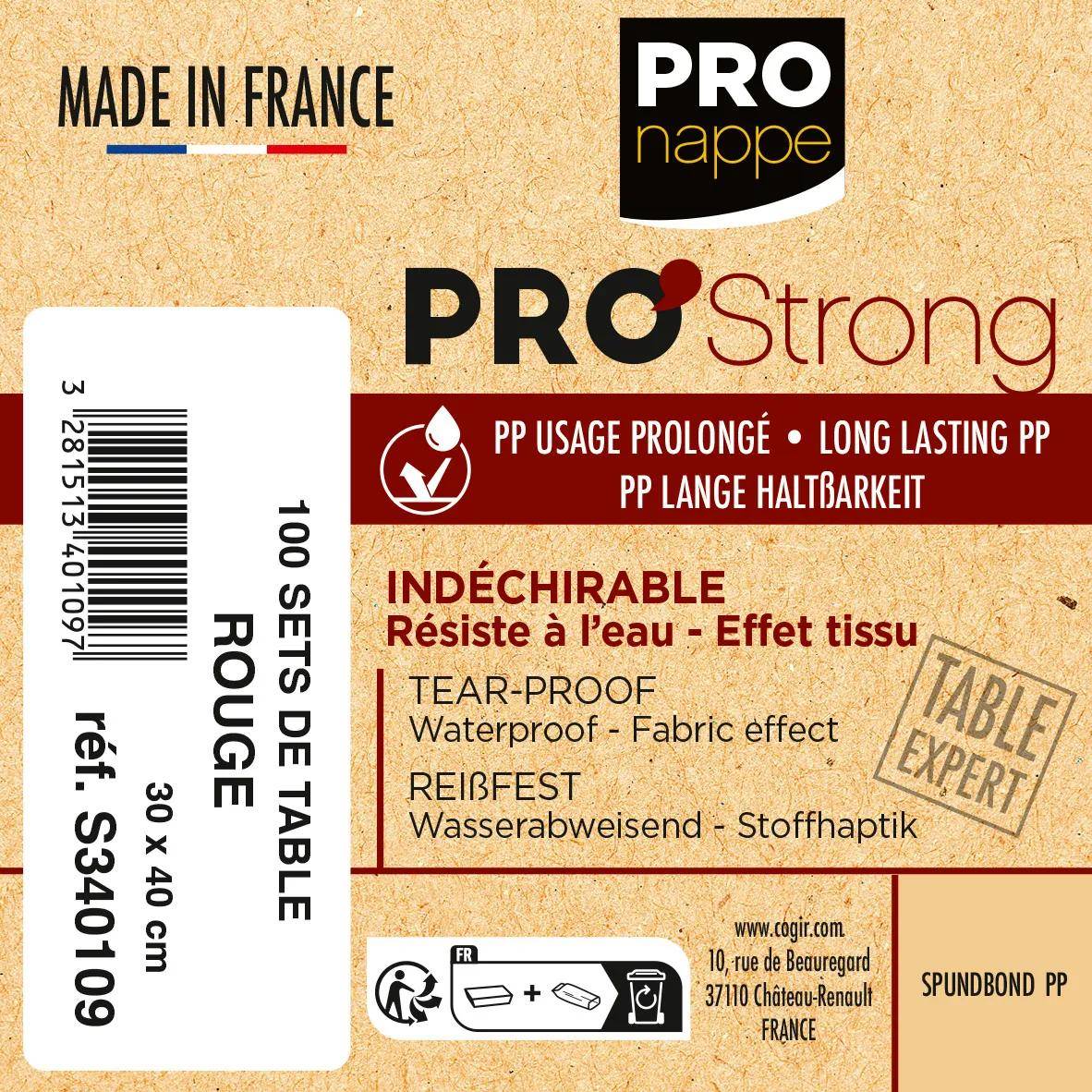PRO nappe PRO Strong' Tischdecken-Verpackung. Beschreibung beinhaltet: 'Hergestellt in Frankreich', 'Langlebiges PP', 'Reißfest', 'Table Expert'. Größe: 30 x 40 cm, Farbe: rot.