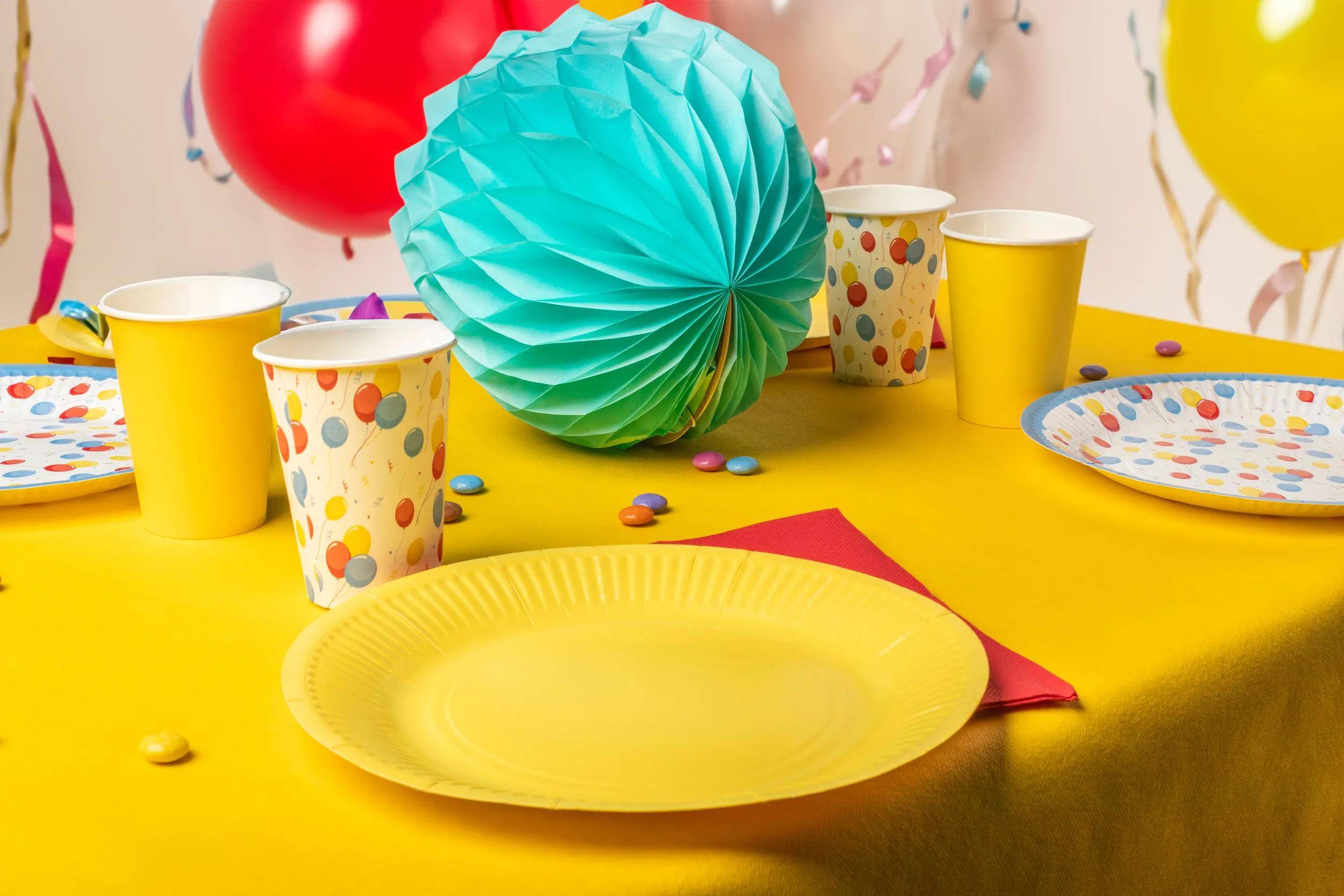 Eine bunte Partydekoration auf einem Tisch mit einem gelben Teller, Pünktchenbechern und einer türkisfarbenen Papierdekoration. Leuchtende Luftballons und Konfetti verstärken die festliche Atmosphäre.