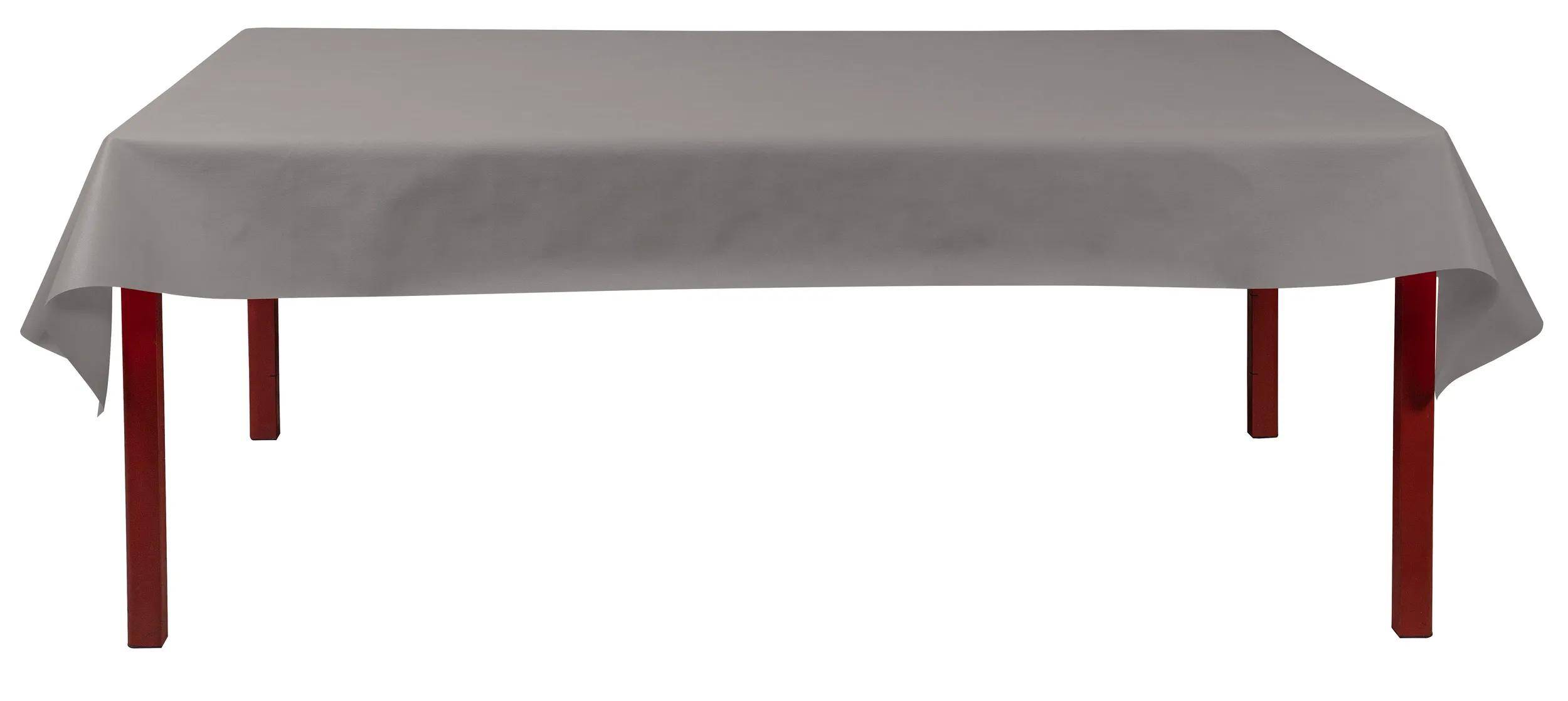 Ein hellgrauer, rechteckiger Tisch mit einer glatten Oberfläche vor einem schlichten Hintergrund.