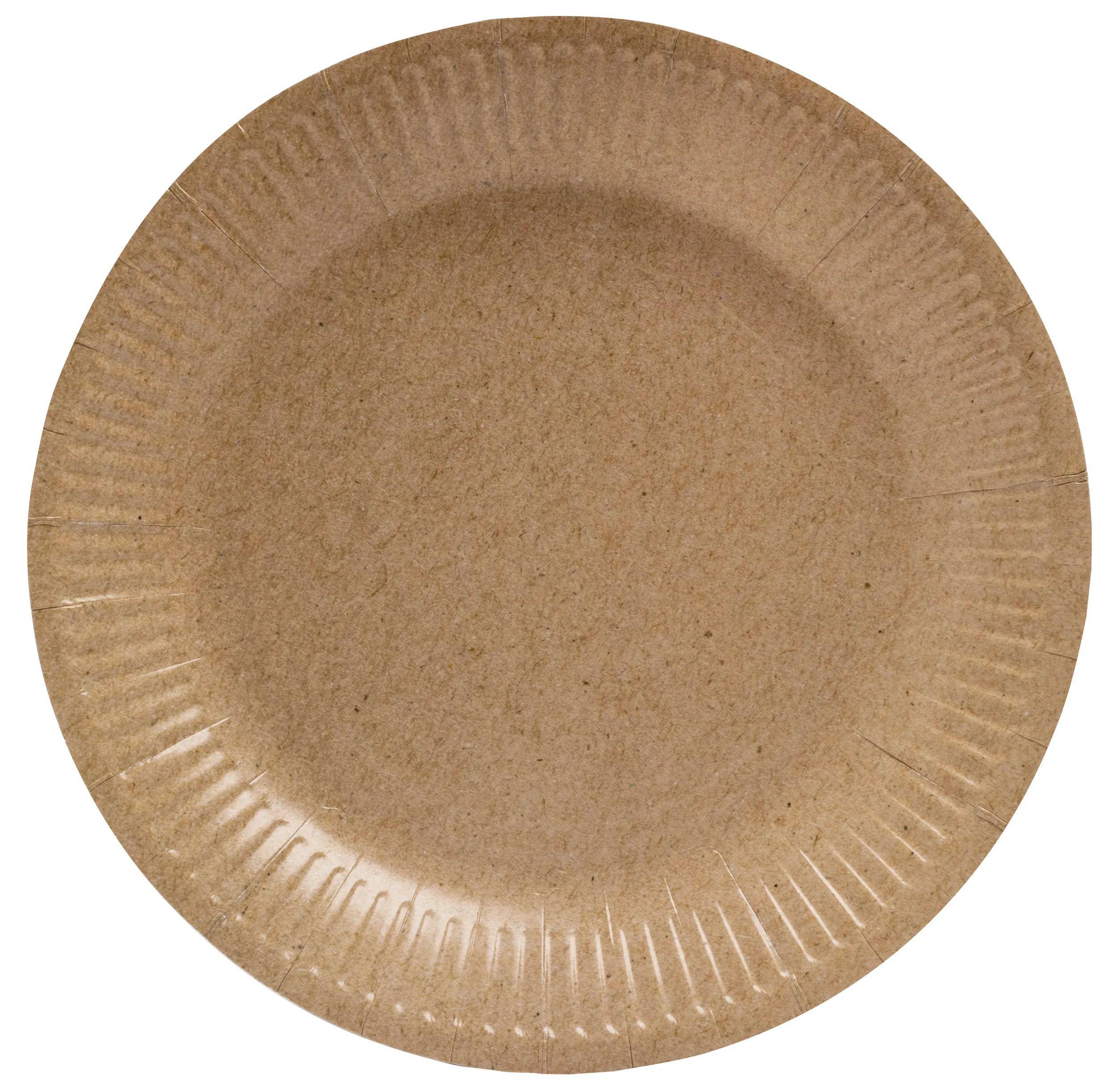 Ein einfacher, runder brauner Papierteller mit strukturiertem Rand.