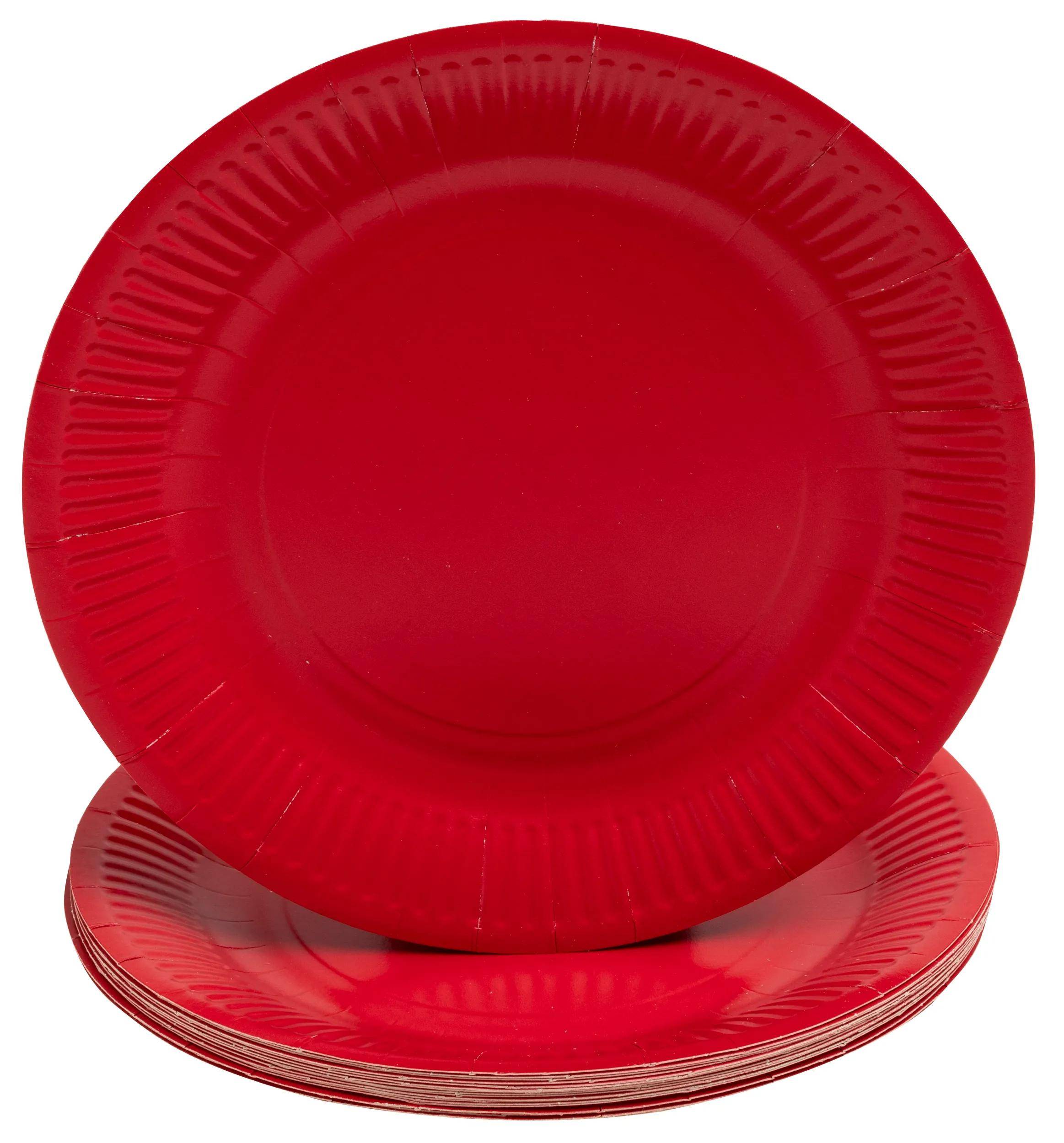 Ein Stapel runder, roter Wegwerfplatten mit einem leicht strukturierten Rand.