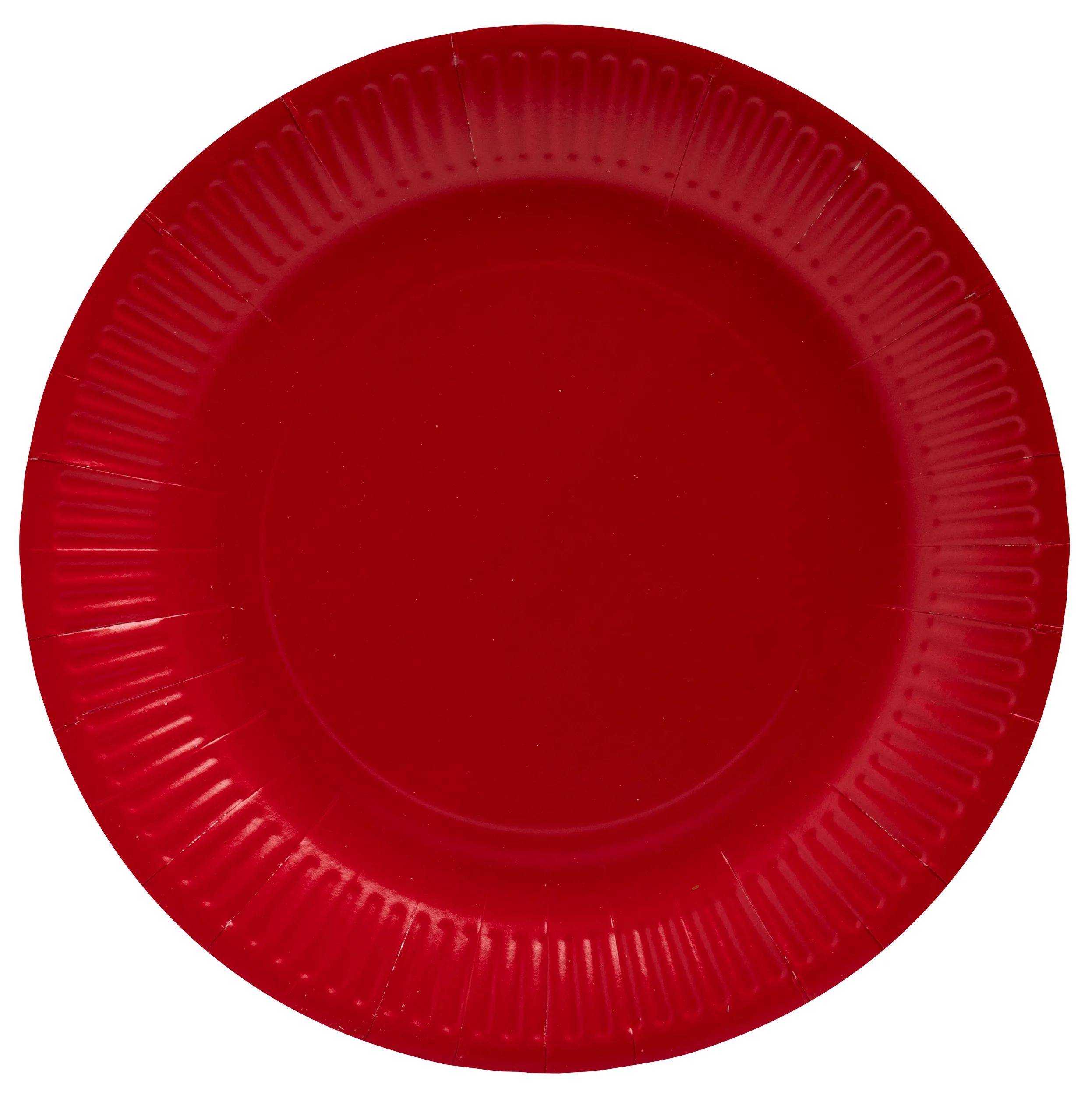 Ein leuchtend rotes Papiertablett mit strukturiertem Rand, von oben fotografiert vor einem einfachen Hintergrund.