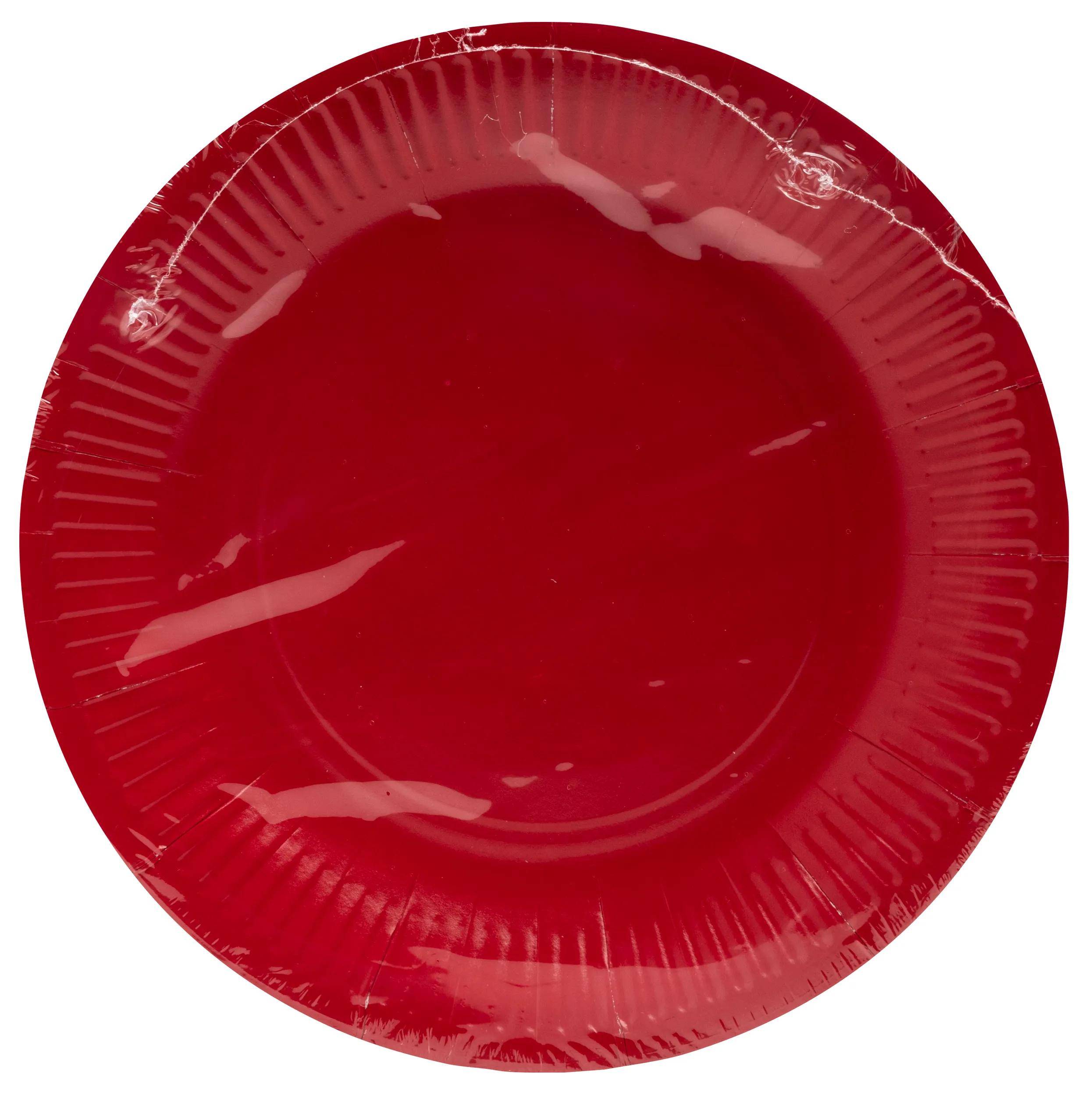 Ein roter Pappteller mit glänzender Oberfläche, von oben betrachtet.