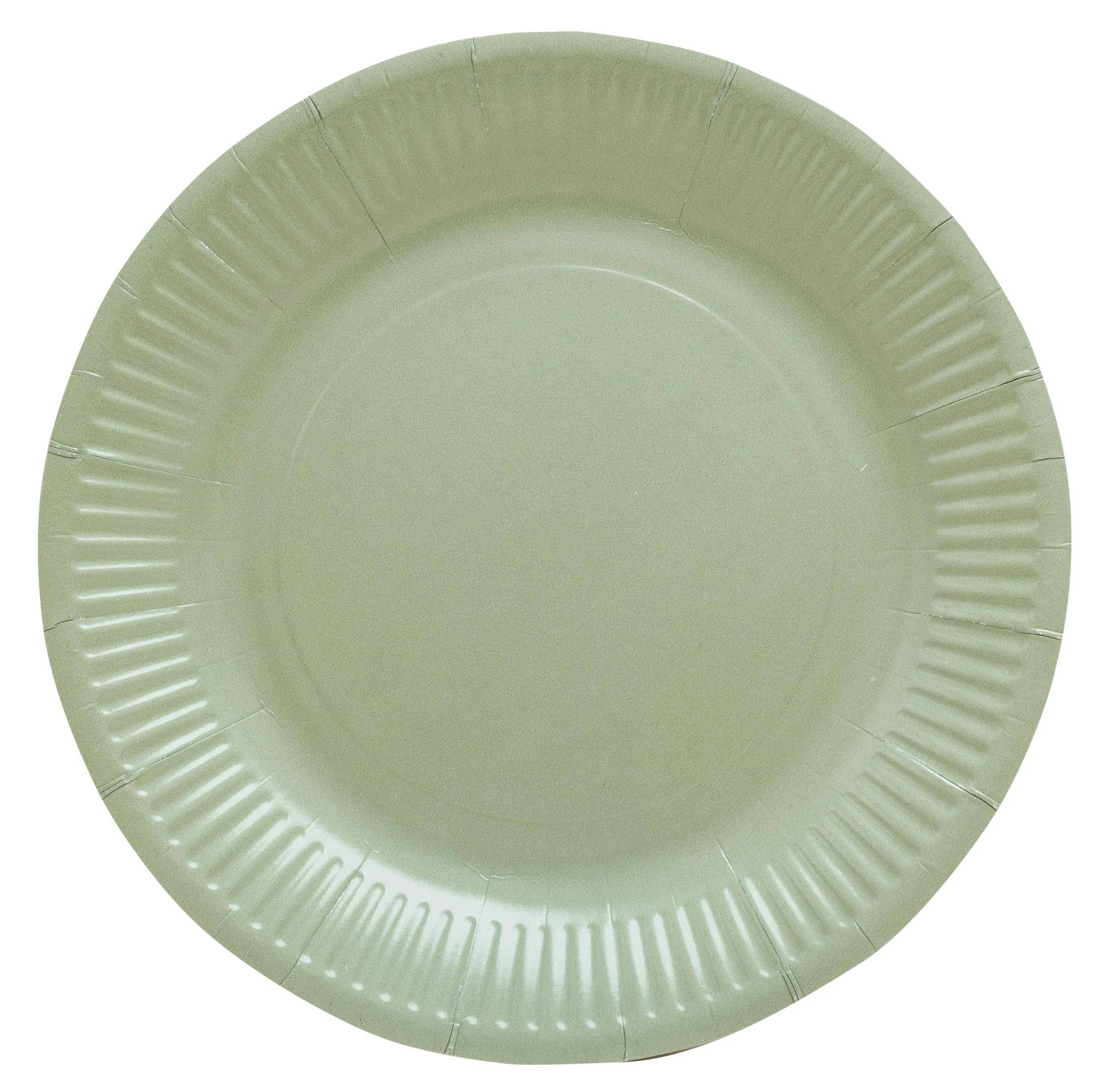 Ein einfacher, runder, beiger Papierteller mit leicht strukturiertem Rand, geeignet zum Servieren von Speisen bei ungezwungenen Veranstaltungen oder Picknicks.