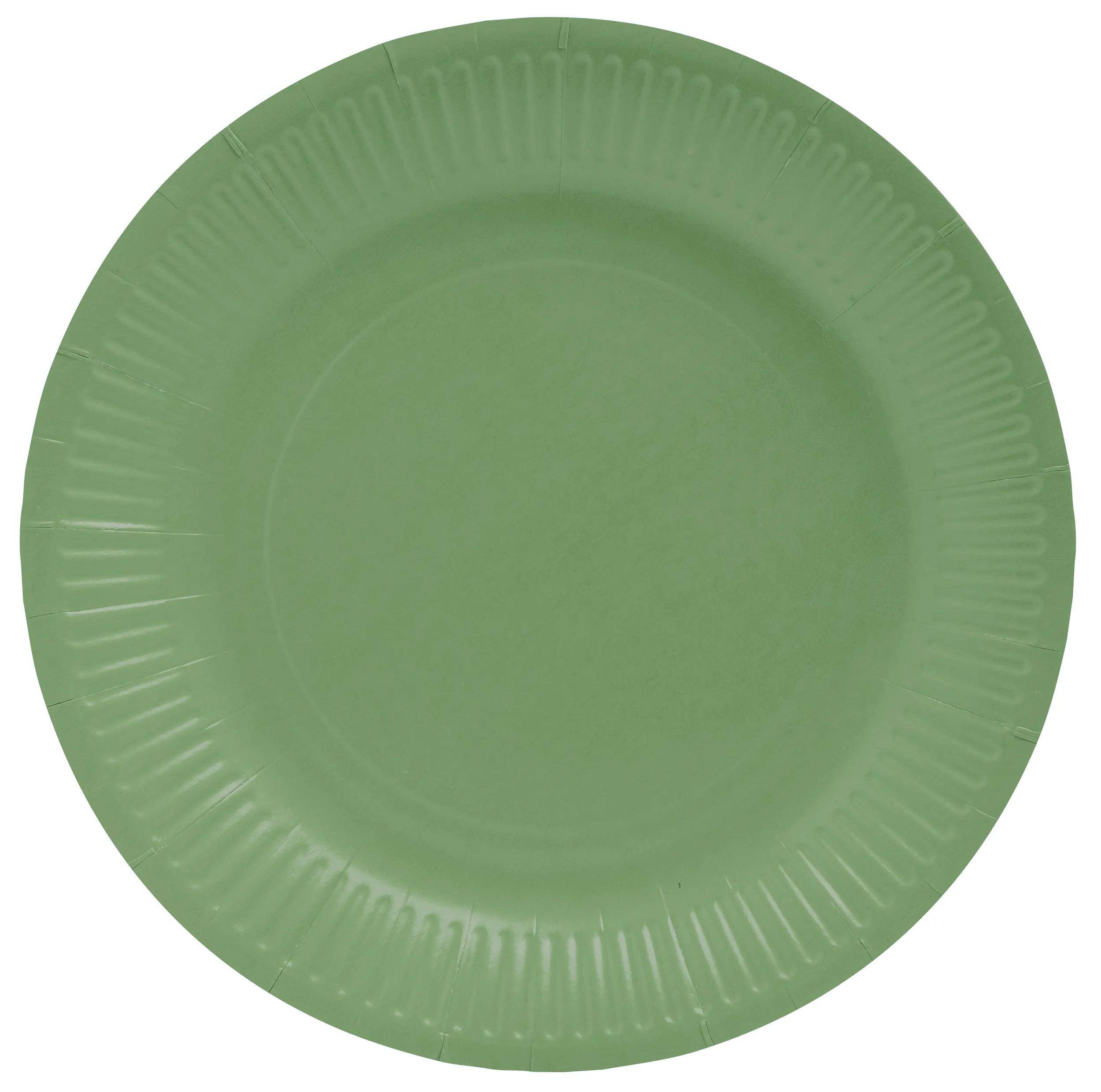 Ein runder, grüner Papierteller mit einem subtilen geprägten Design am Rand, oft verwendet für zwanglose Mahlzeiten oder Picknicks im Freien.