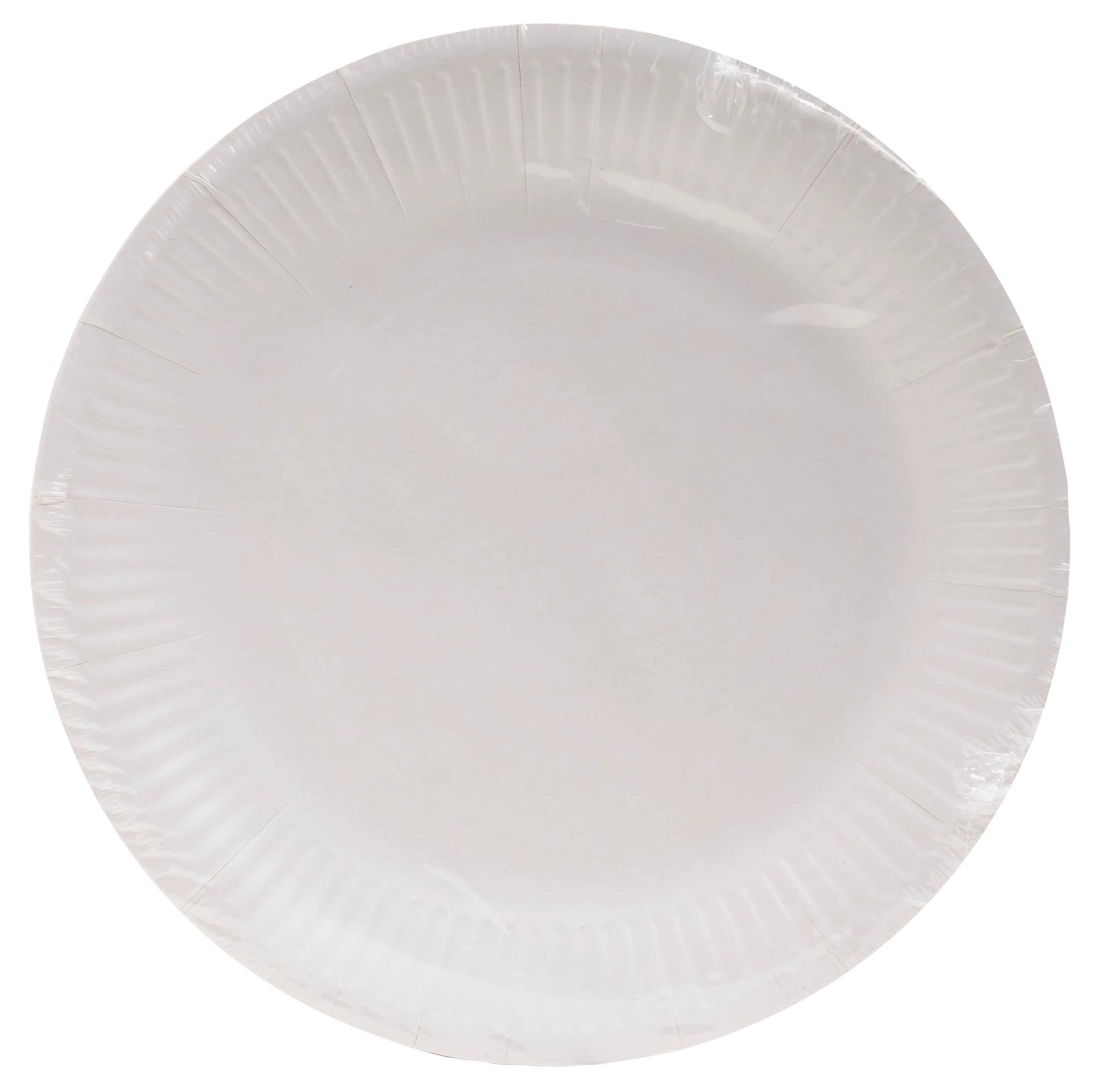 Ein schlichter weißer Papierteller mit gerippten Kanten ist vor einem weißen Hintergrund zentriert.