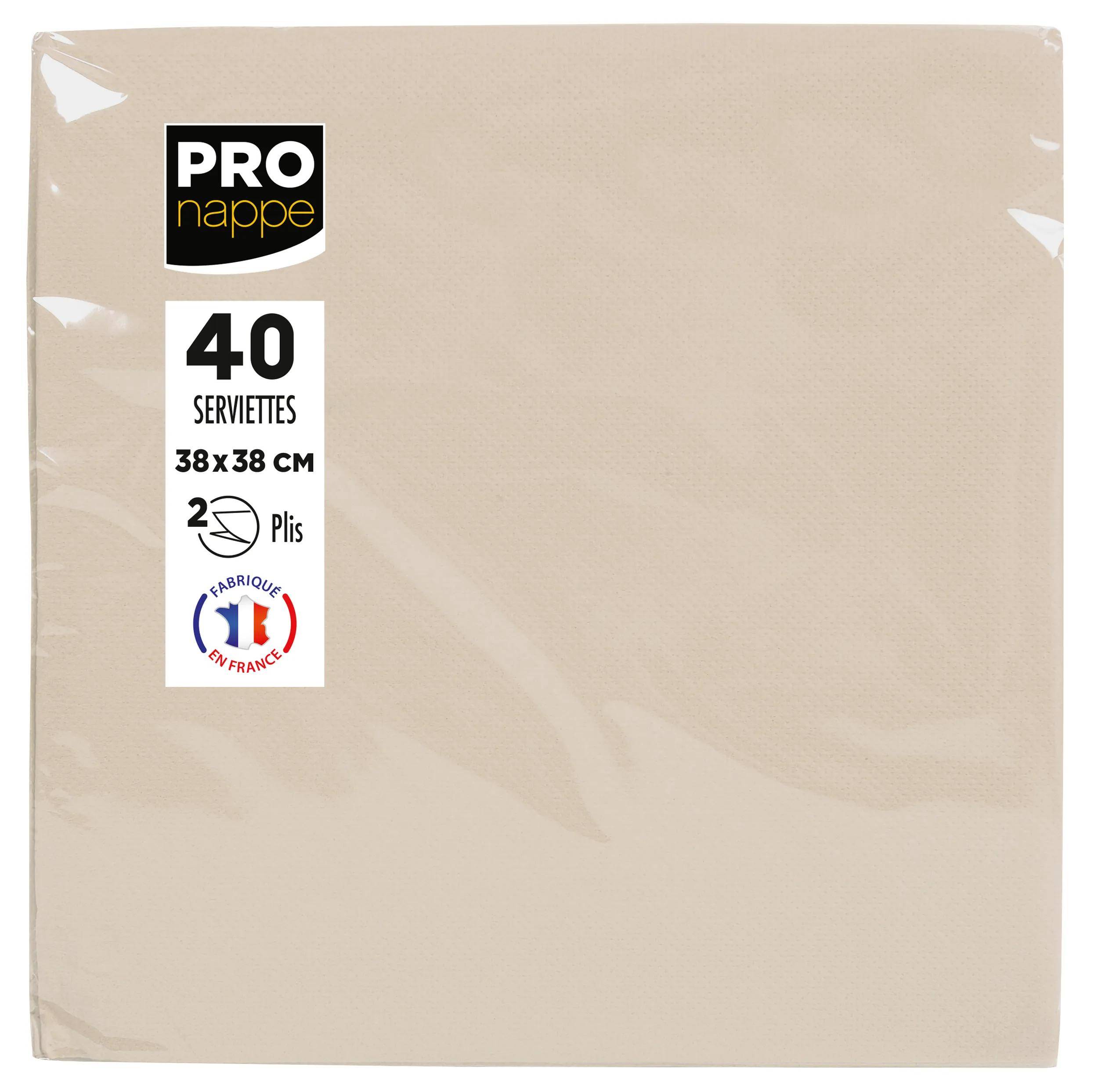 „Packung mit 40 beigen Servietten, 38x38 cm, 2-lagig, hergestellt in Frankreich, von Pro Nappe.