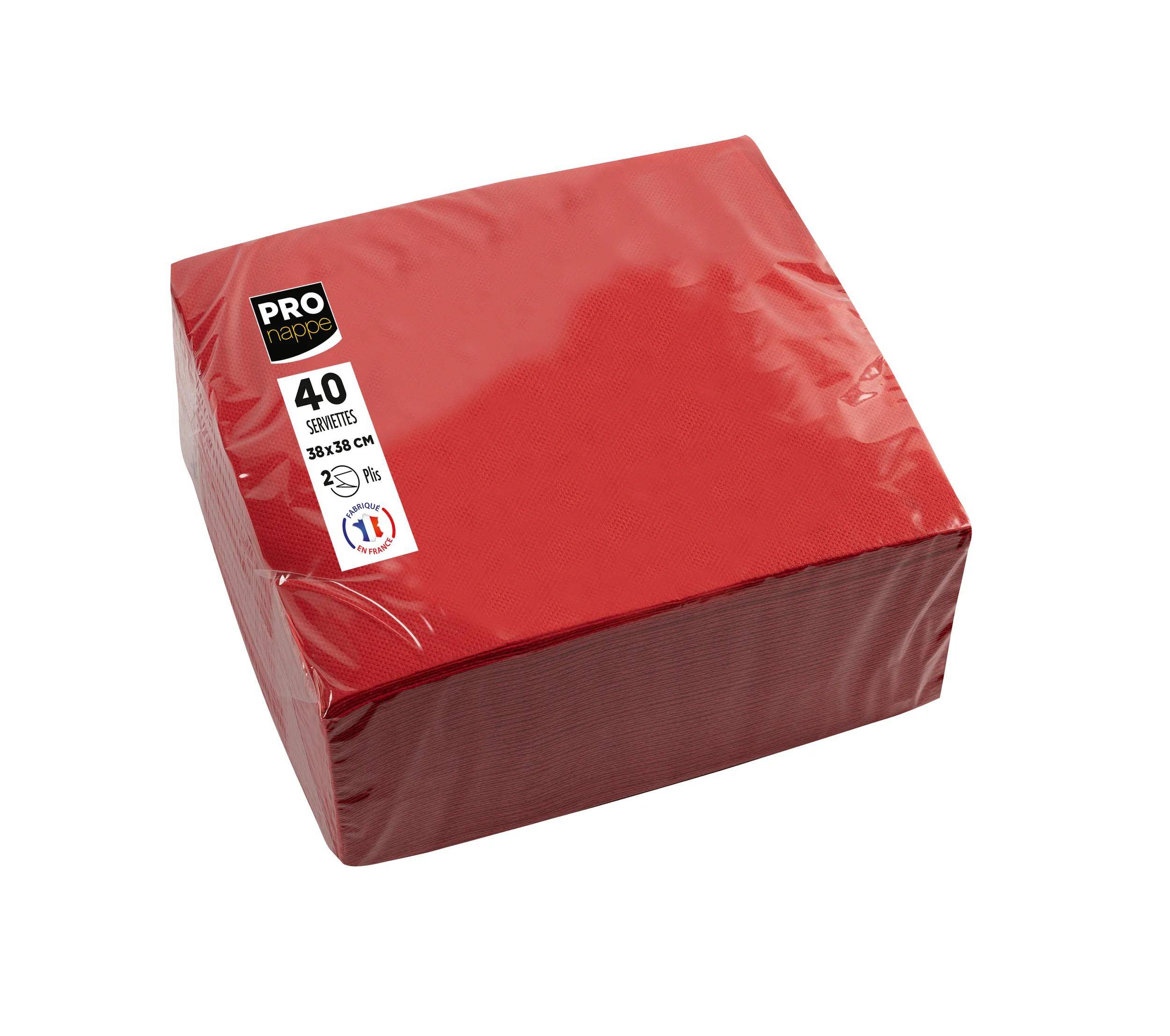 Ein rotes Paket mit 40 Servietten, je 38 x 38 cm. Das Etikett zeigt „Pro nappe