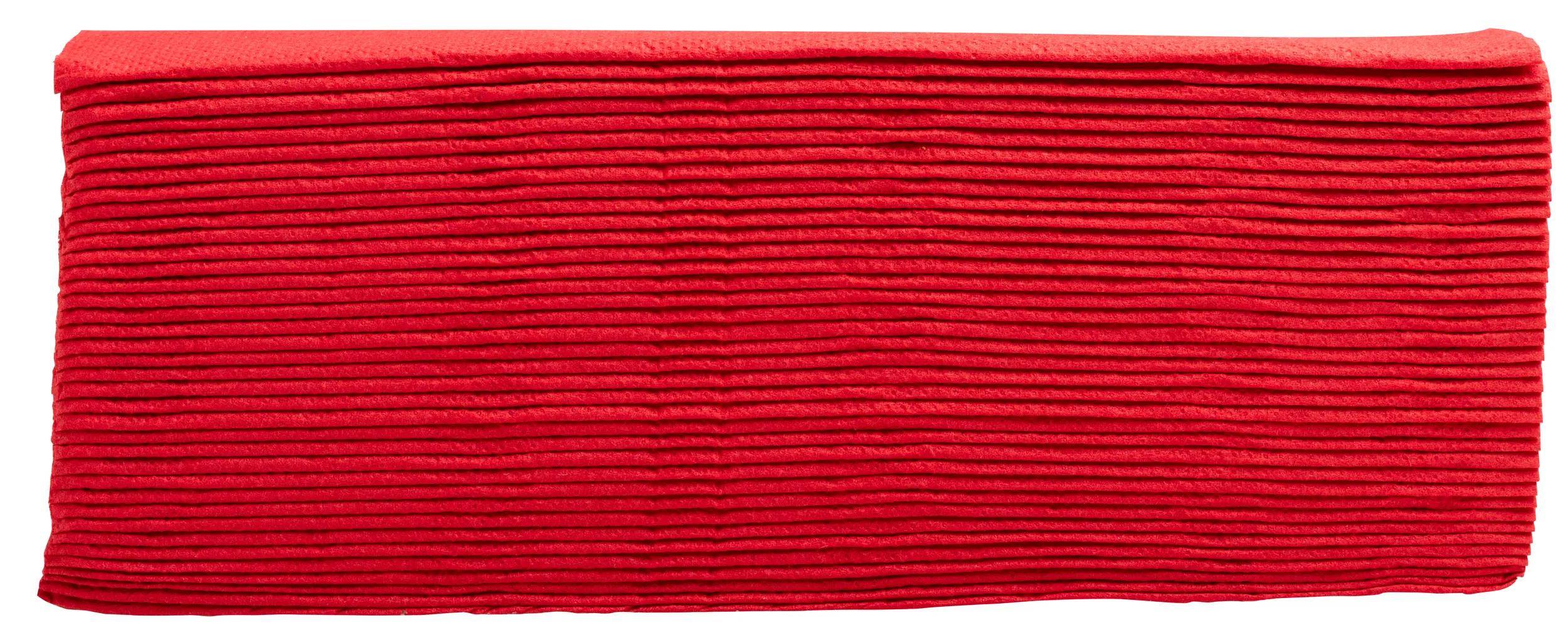 Ein Stapel leuchtend roter strukturierter Handtücher oder Stoffe, ordentlich gefaltet, von der Seite betrachtet, die Schichten und Falten zeigend.