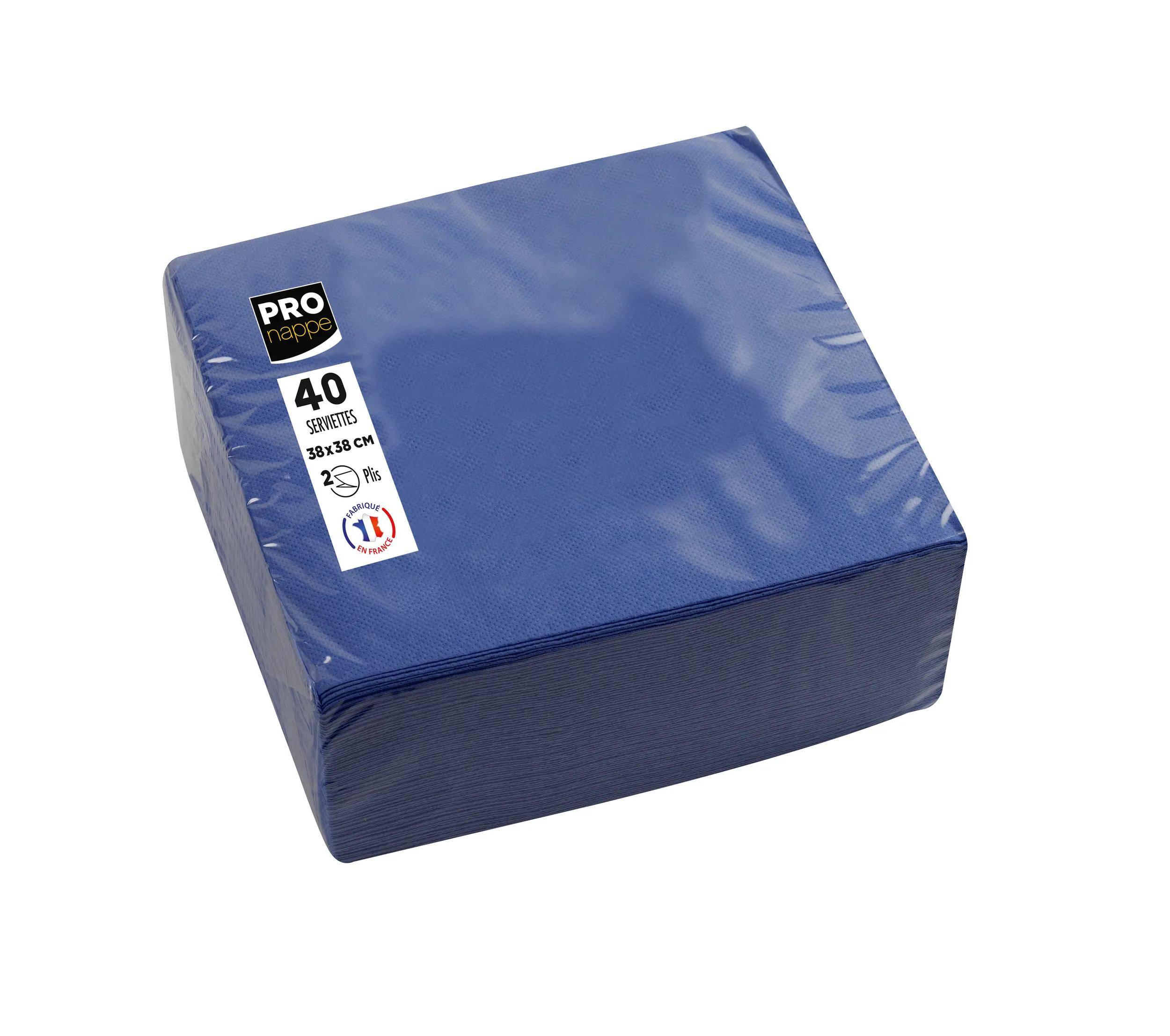 Eine blaue Packung mit 40 Papierservietten, Größe 33x33 cm, mit der Aufschrift „Pro Nappe