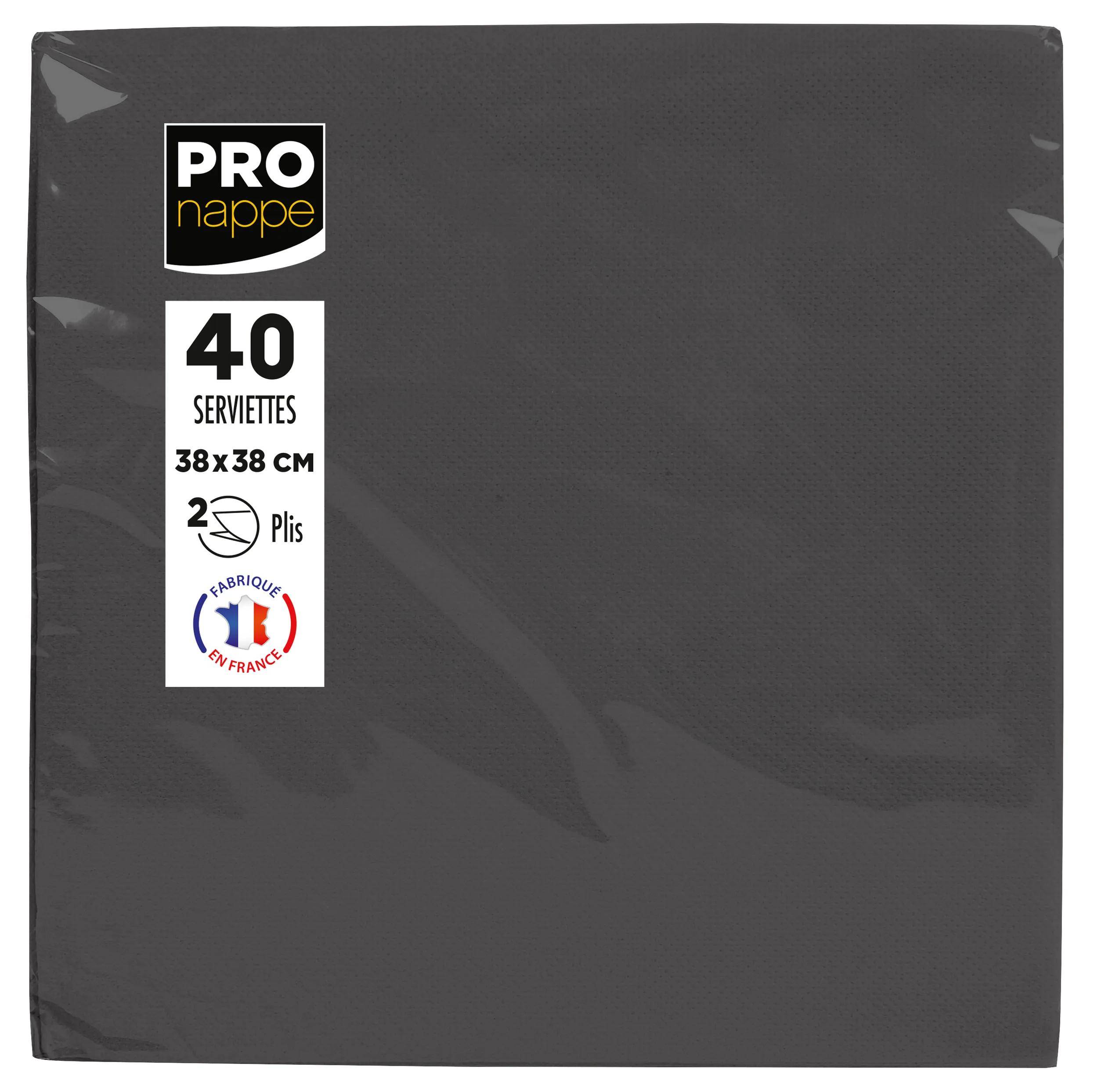PRO nappe' Packung mit 40 schwarzen Servietten, 38x38 cm, 2-lagig, 'Fabriqué en France' Logo auf der Verpackung.