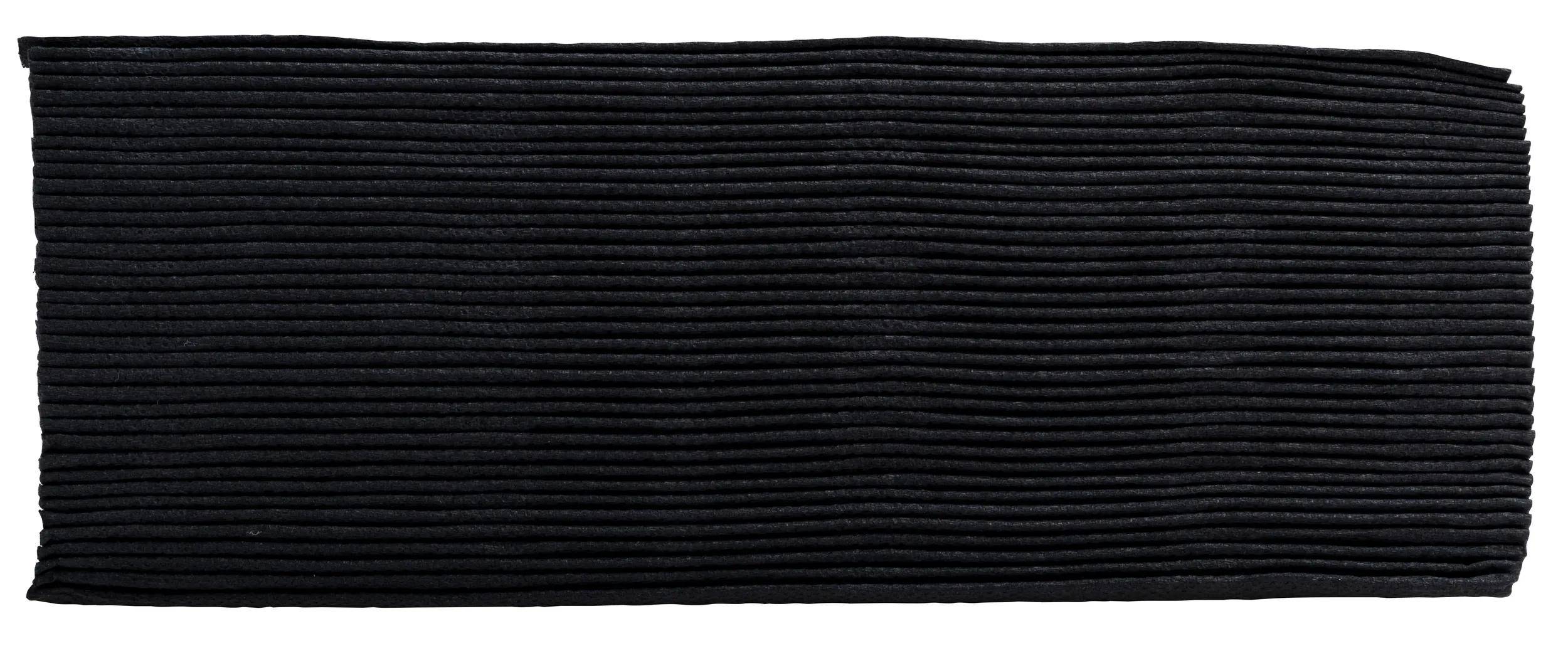 Eine schwarze strukturierte Oberfläche mit gleichmäßig verteilten horizontalen Rillen.