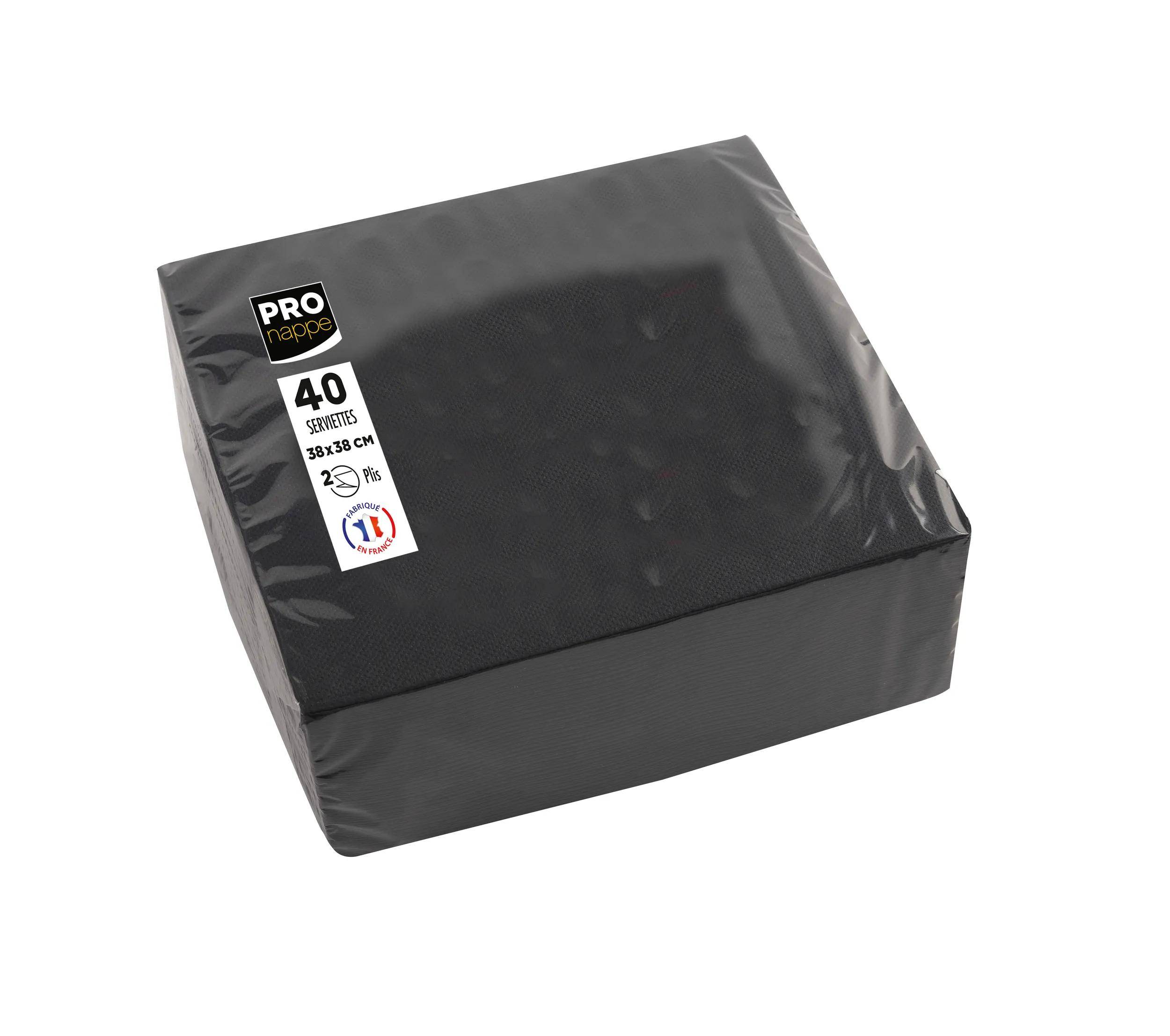 Ein schwarzes Paket mit 40 PRO Tischservietten in der Größe 38x38 cm wird gezeigt. Die Verpackung hebt hervor, dass sie in Frankreich hergestellt werden.