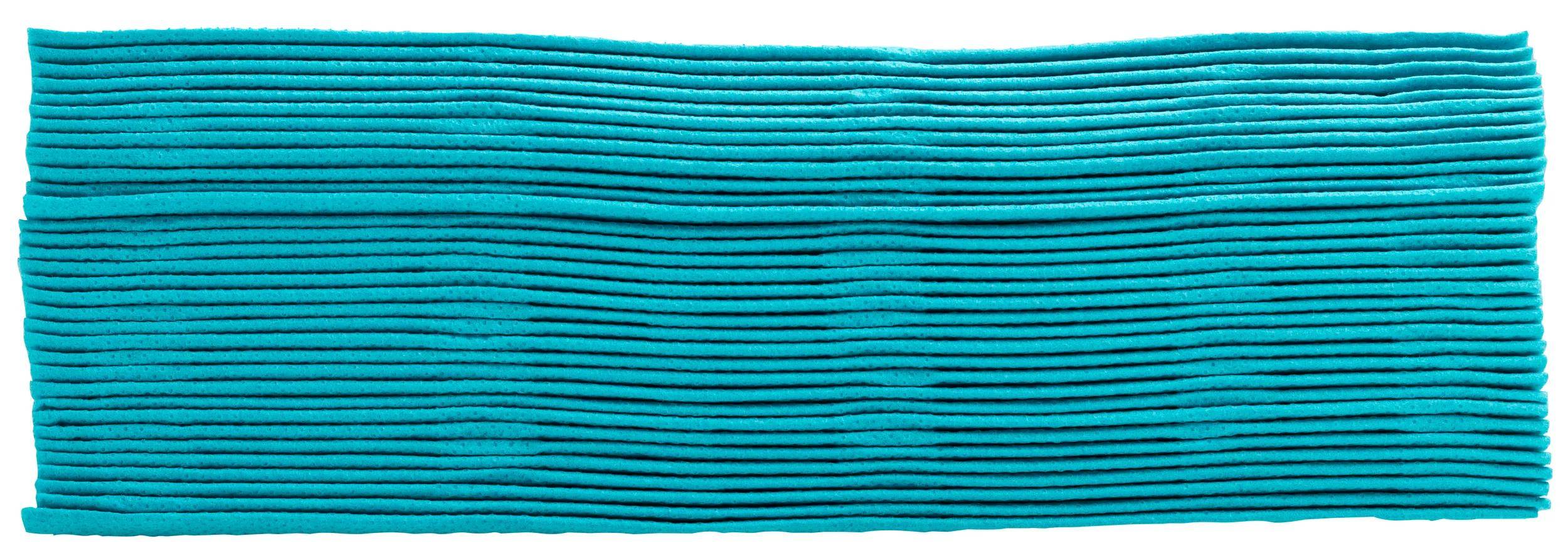 Ein Stapel leuchtend türkisfarbener Handtücher liegt flach, ordentlich in parallelen Reihen angeordnet und erzeugt ein strukturiertes Muster.