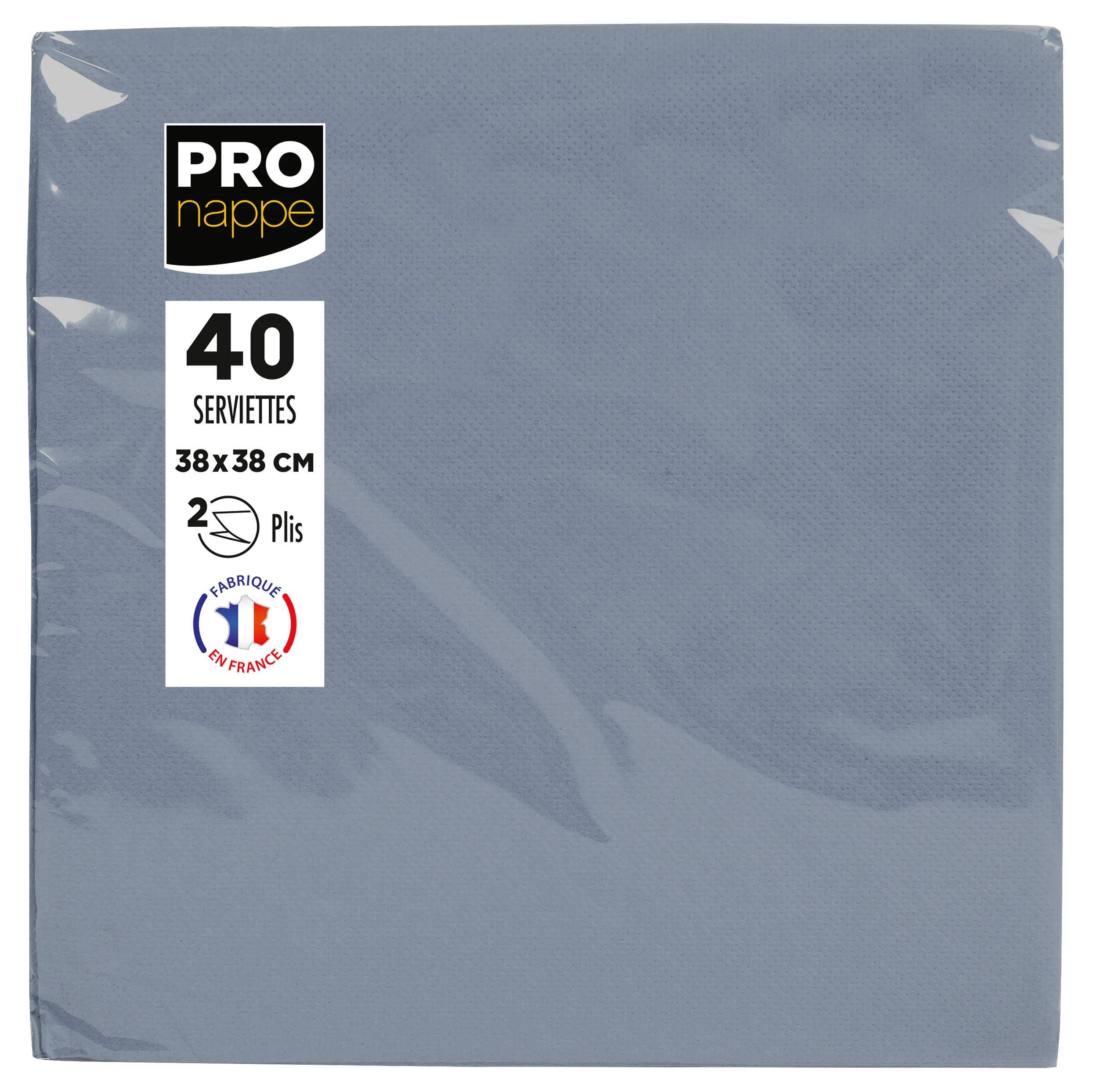 Ein Paket Pro Nappe Servietten mit dem Etikett „40 Servietten, 38x38 cm, 2-lagig, Hergestellt in Frankreich