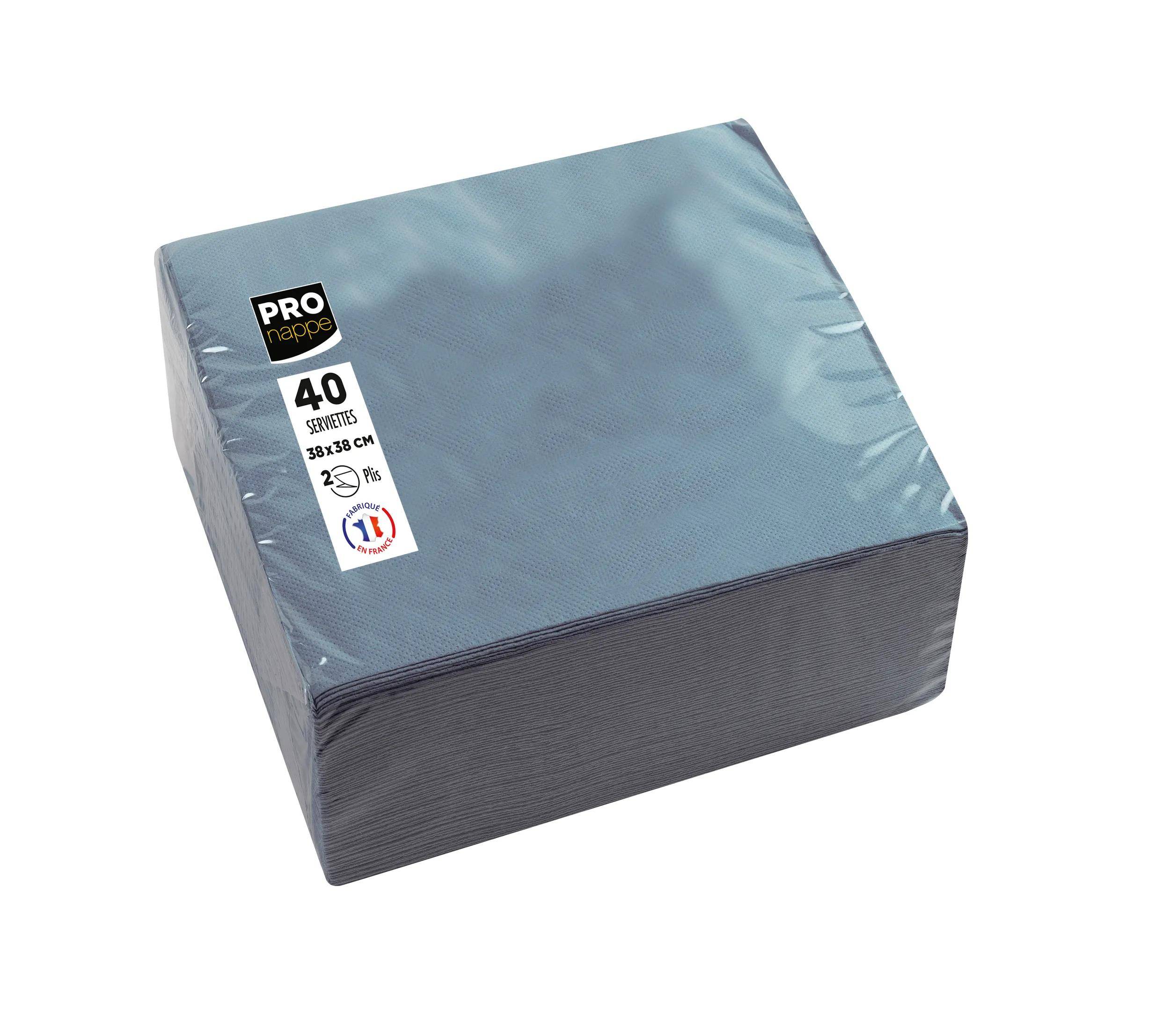 Ein Stapel von 40 blauen Servietten in Kunststoffverpackung verpackt, mit Etiketten, die Serviettendimensionen von 38x38 cm angeben.
