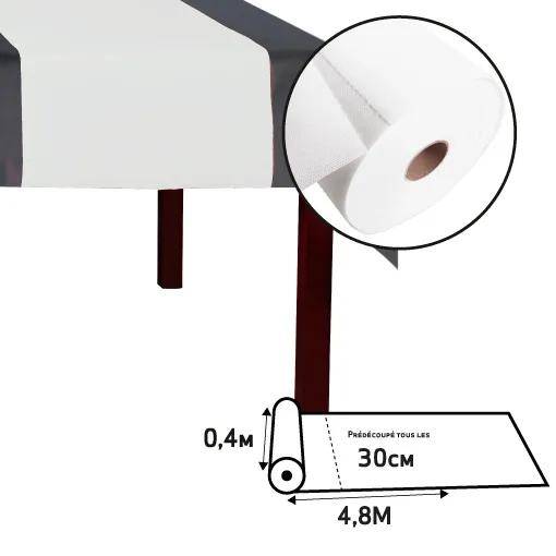 Eine Papierrolle von 0,4 Metern Breite und 30 Zentimetern Durchmesser mit einer Gesamtlänge von 4,8 Metern, dargestellt auf einer Tischkante.