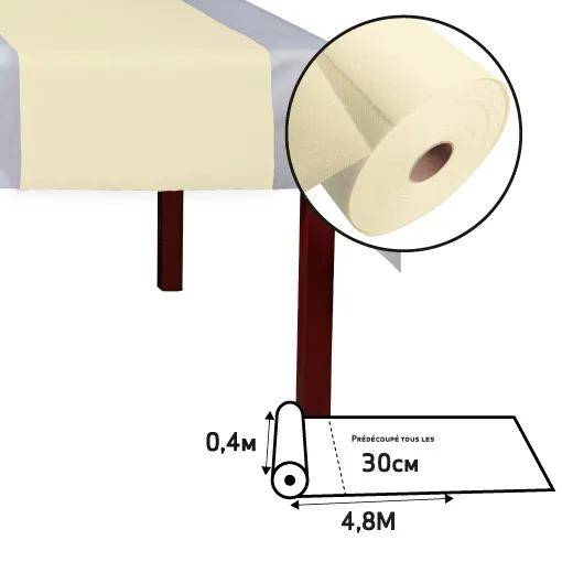 „Abgerollte Tischdecke, beige Farbe, Breite 0,4 m, Länge 4,8 m, alle 30 cm geschnitten, auf einem Tisch gezeigt mit einer Nahaufnahme der Rolle.
