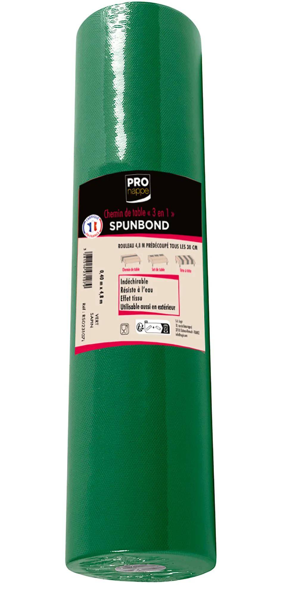 Eine Rolle grüner Tischläufer mit einem Etikett, das angibt, dass es sich um ein 4,8 m großes Spunbond-Material handelt, das reißfest, wasserdicht und für den Außenbereich geeignet ist.