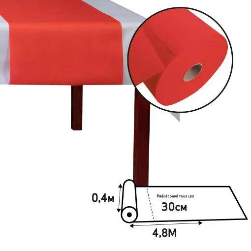 Eine Rolle rote und weiße Tischdecke mit einer Breite von 0,4 Metern und einer Länge von 4,8 Metern, mit Perforationen alle 30 Zentimeter.