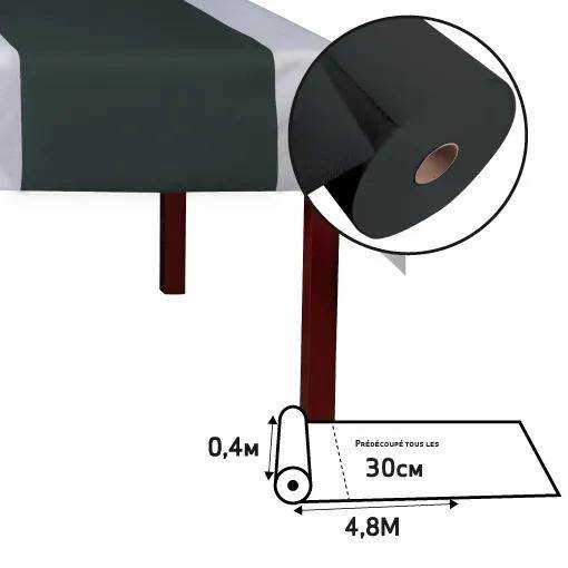 Ein schwarzes Tischtuch bedeckt einen Tisch teilweise. Ein Diagramm zeigt das Tuch als eine 4,8 Meter lange Rolle, 0,4 Meter breit, mit einem Durchmesser von 30 cm.