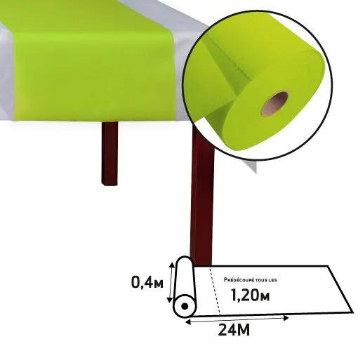 „Limegrüne Tischdeckenrolle, 0,4m breit, 24m lang, auf einem Tisch dargestellt; Nahaufnahme-Inset hebt Textur und Dicke hervor.