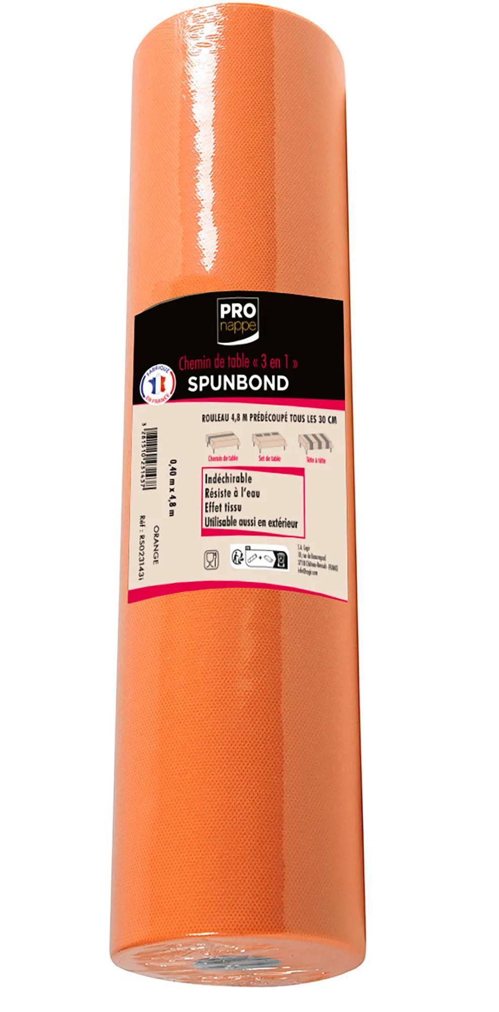 Orange-Rolle Tischläufer 'PRO nappe Spunbond', 4,8 Meter lang, vorgeschnitten alle 30 cm. Merkmale: reißfest, wasserfest, Außenbereich-geeignet.