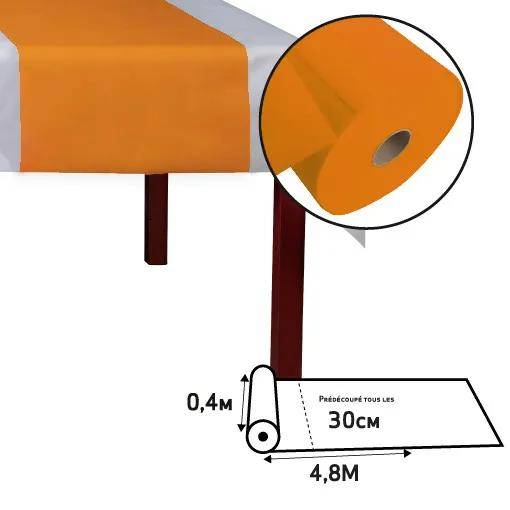 Orange und weiße rechteckige Tischdecke gezeigt; Details beinhalten Abmessungen von 0,4 Metern mal 4,8 Metern, mit einer Perforation alle 30 cm.