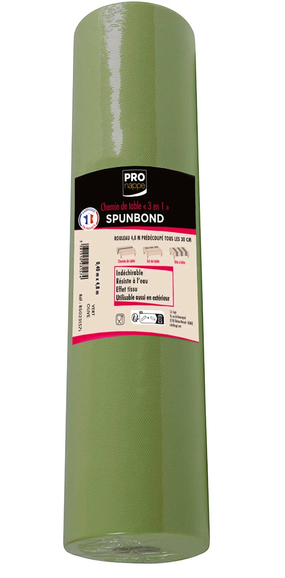 Eine Rolle grüne Spunbond-Tischläufer. Eigenschaften: reißfest, wasserresistent, Stoffeffekt, geeignet für den Innen- und Außenbereich.