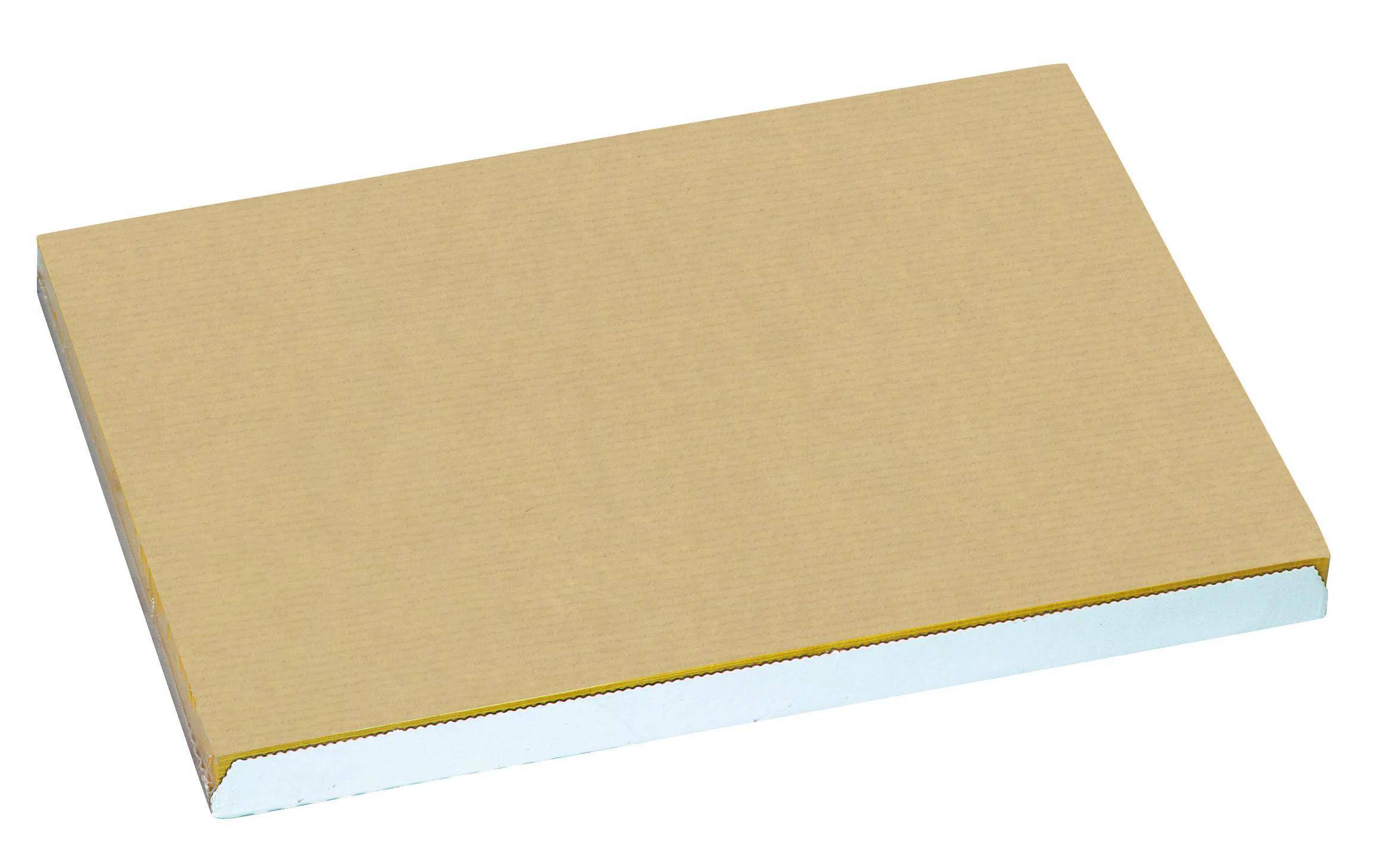 Ein flaches, rechteckiges wellpappieriges Stück aus Wellpappe mit glatter brauner Oberfläche, häufig für Verpackungen oder zum Basteln verwendet.